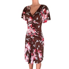 FLORA KUNG chocolate brown pink floral silk dress