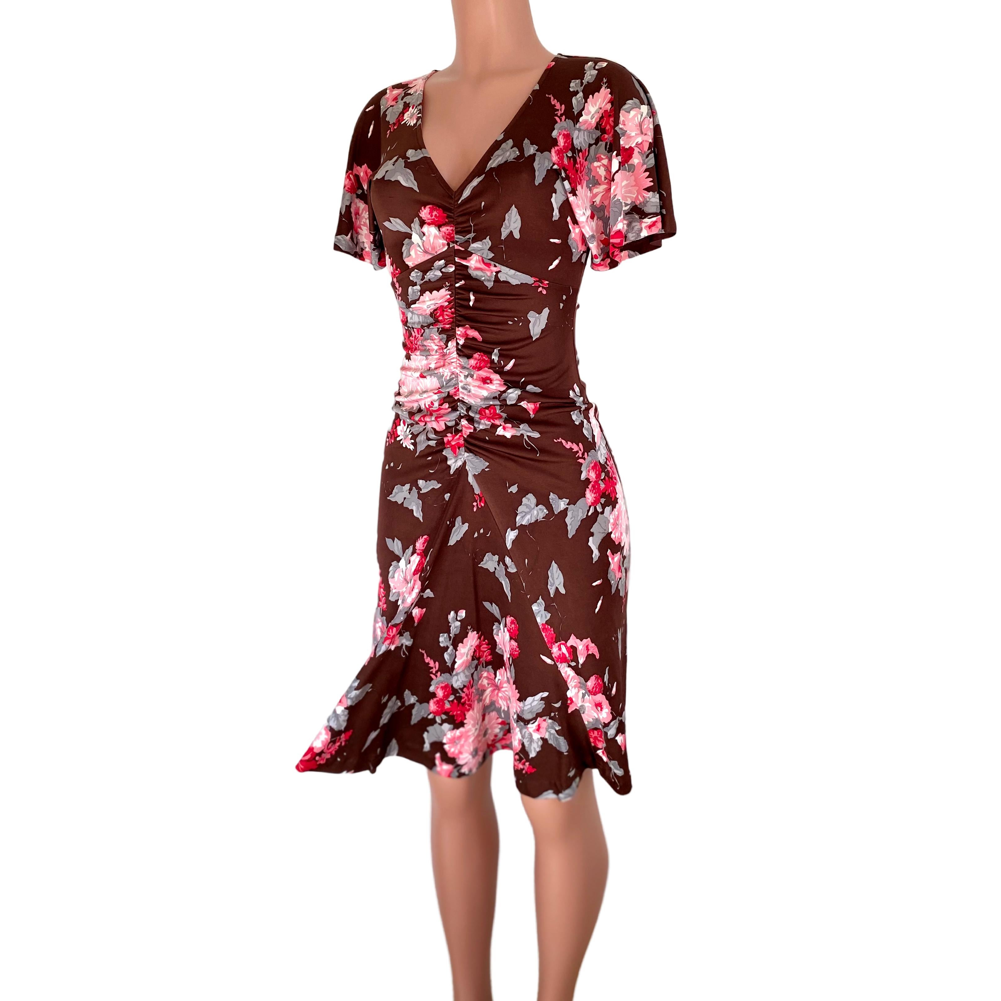 Brown FLORA KUNG chocolate brown pink floral silk dress For Sale