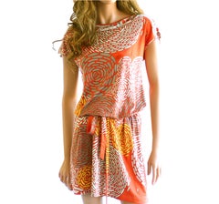 Flora Kung Coral Stylized Floral silk jersey shift dress NWT