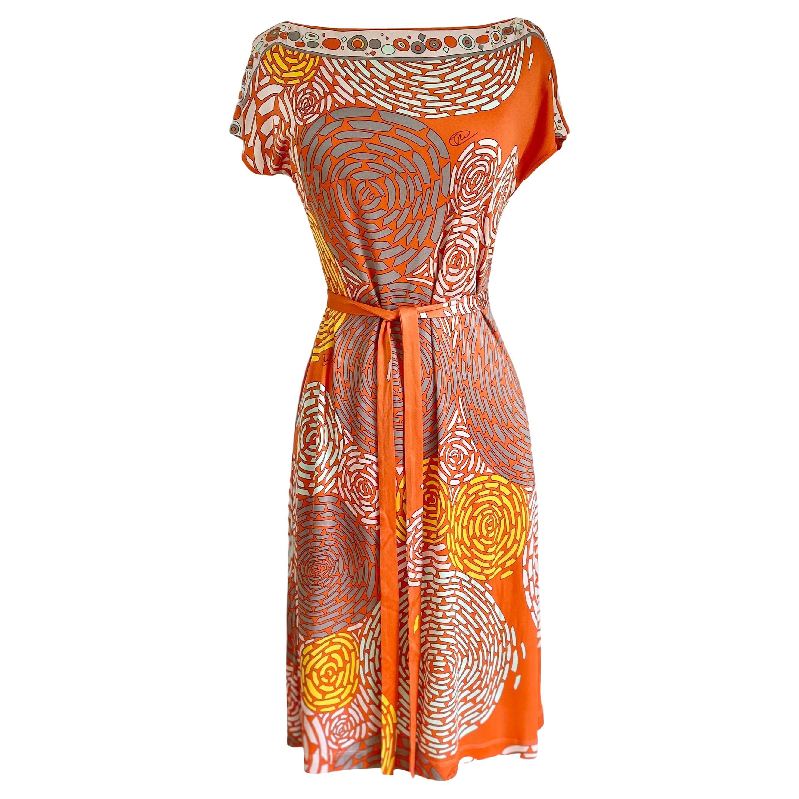 Coral Orange FLORA KUNG Twin Print Floral silk jersey shift dress NWT For Sale