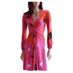 Flora Kung Deep Plunge V-neck Twist Front Pink Floral Print Silk Dress NWT