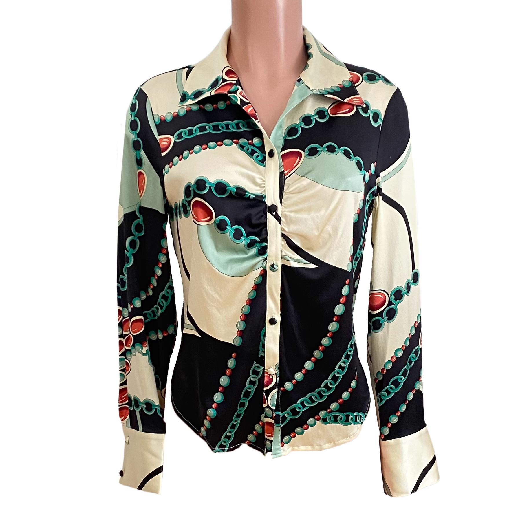 FLORA KUNG Ecru Celadon Jewel Print Button Down Silk Shirt Blouse - NWT In New Condition For Sale In Boston, MA