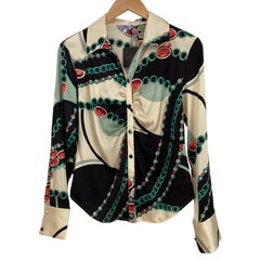 FLORA KUNG Ecru Celadon Jewel Print Button Down Silk Shirt Blouse - NWT
