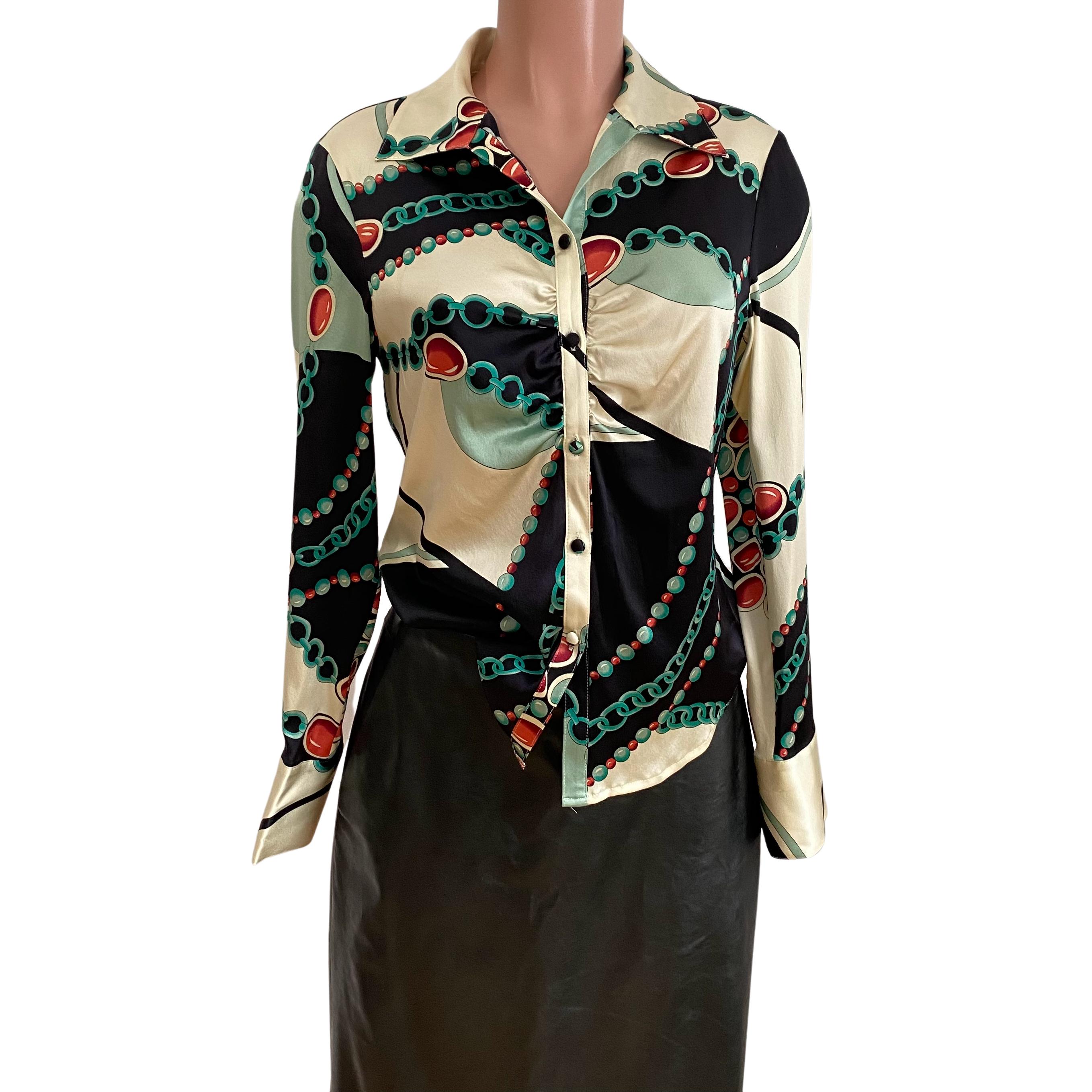 Black FLORA KUNG Ecru Celadon Jewel Print Button Down Silk Shirt Blouse - NWT For Sale