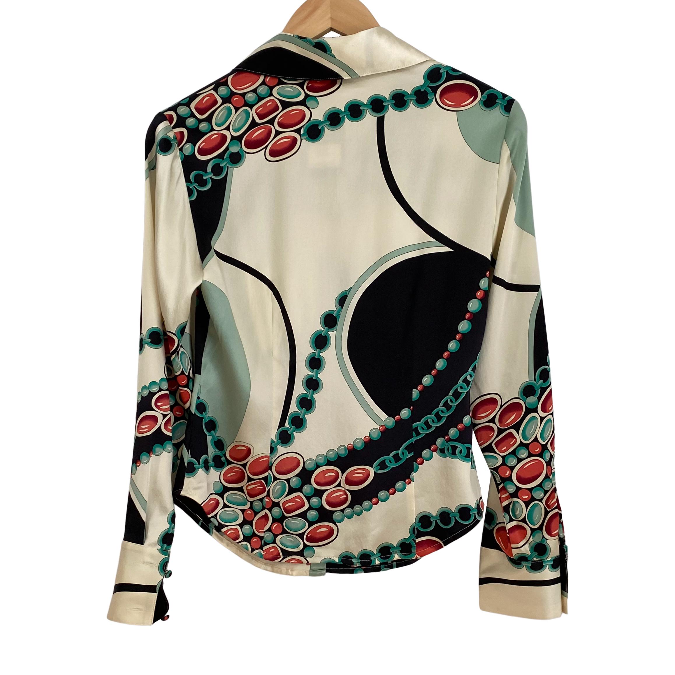 Women's FLORA KUNG Ecru Celadon Jewel Print Button Down Silk Shirt Blouse - NWT For Sale