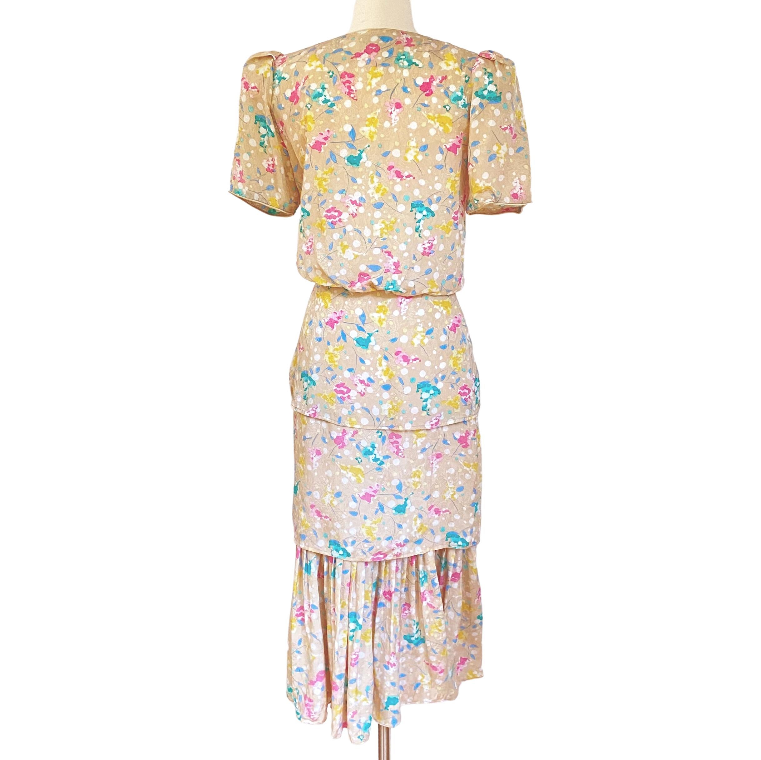 Flora Kung floral print 3-tier silk CATIA midi dress in almond In New Condition For Sale In Boston, MA