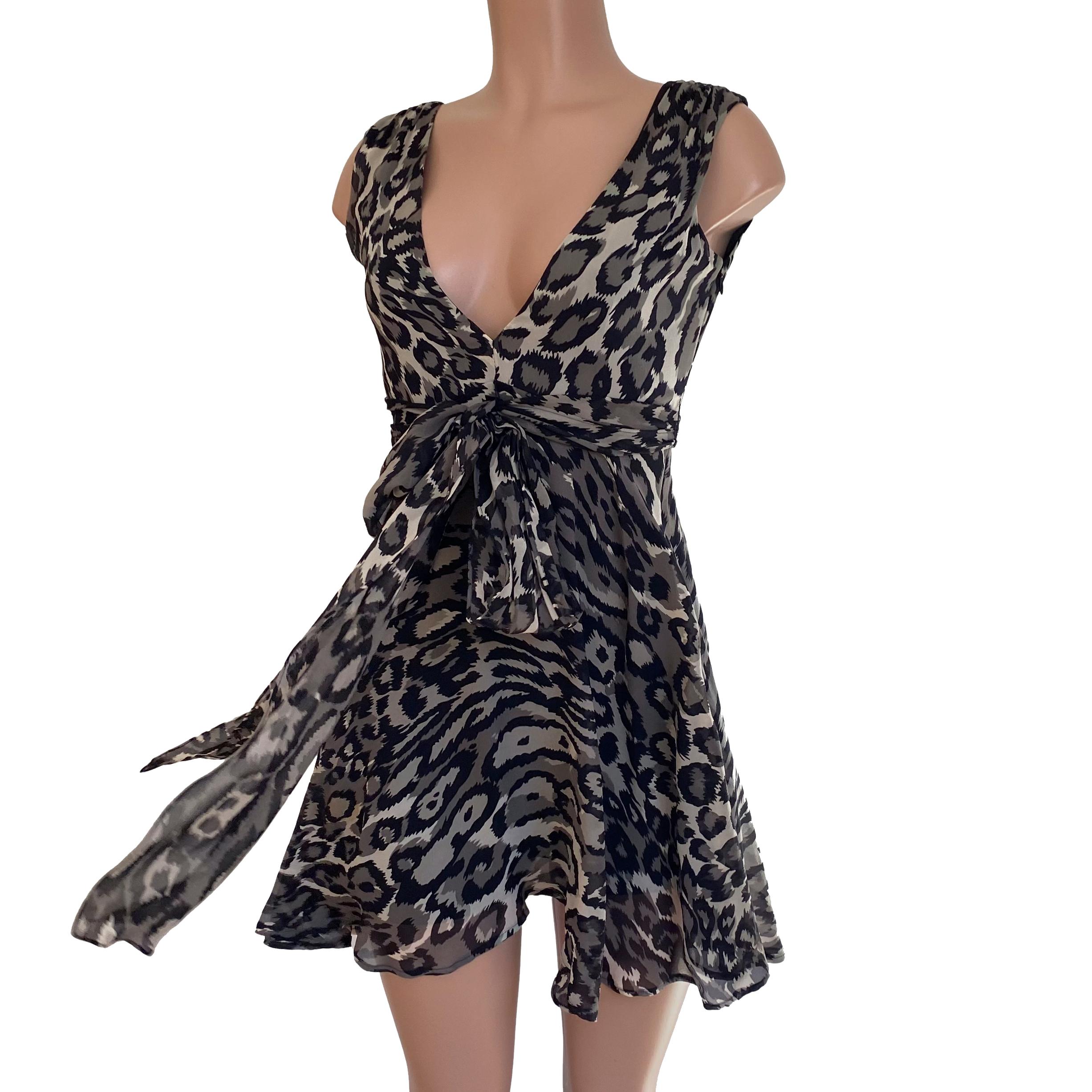 Gray Black Leopard Print Silk Georgette Mini Dress NWT Flora Kung  In New Condition For Sale In Boston, MA