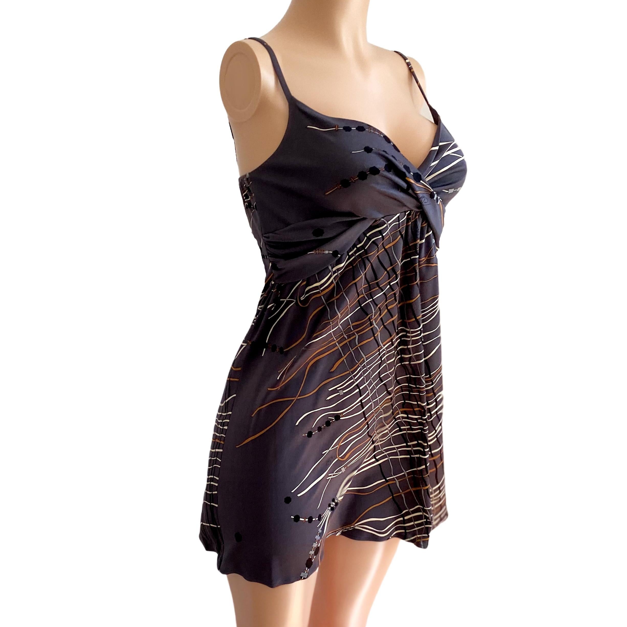 FLORA KUNG Gray Japanese Tassel Print Silk Jersey Mini Slip Dress NWT In New Condition For Sale In Boston, MA
