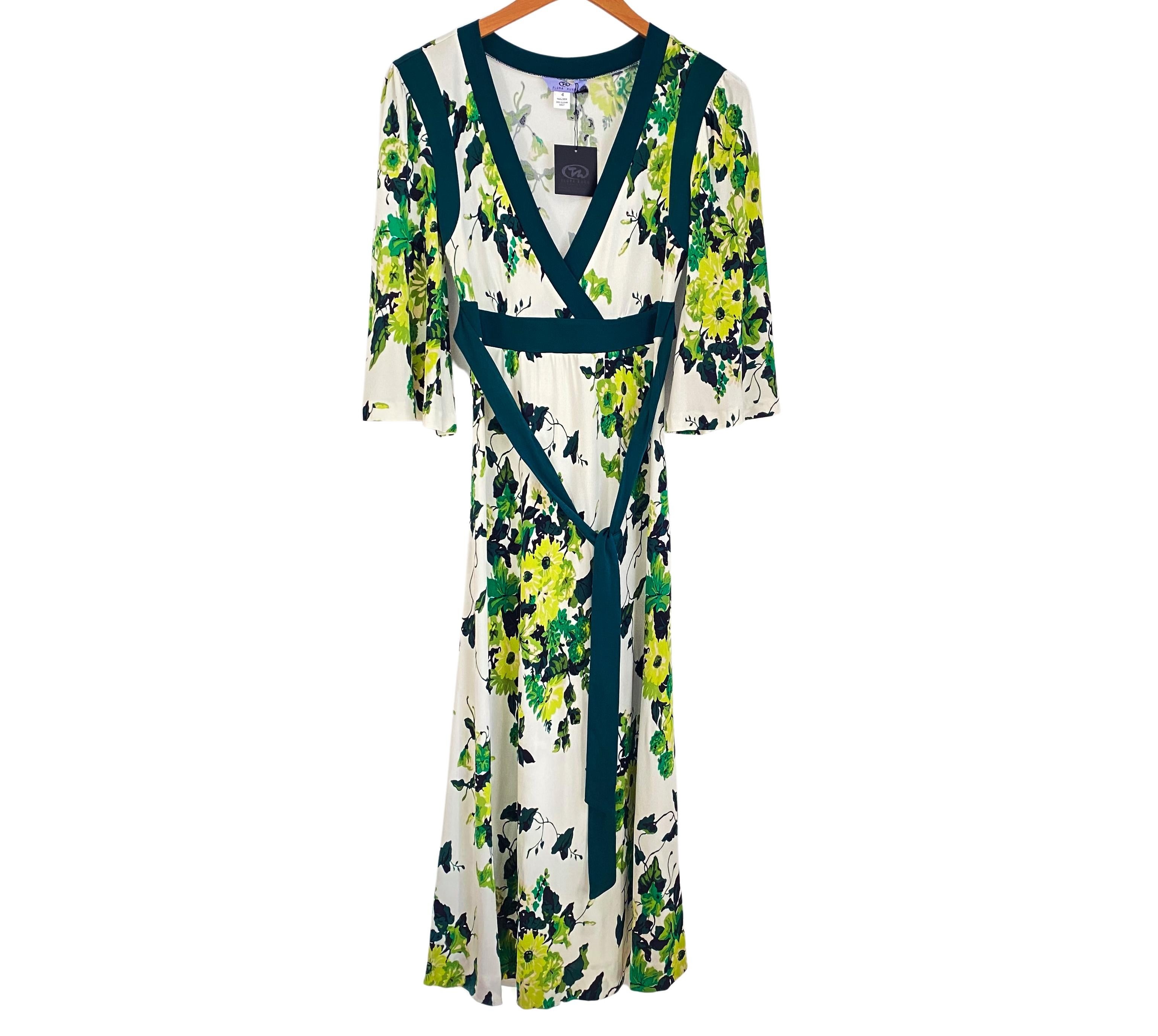 Women's Flora Kung Green Ivy Print Silk Jersey Flare Dress - NWT For Sale