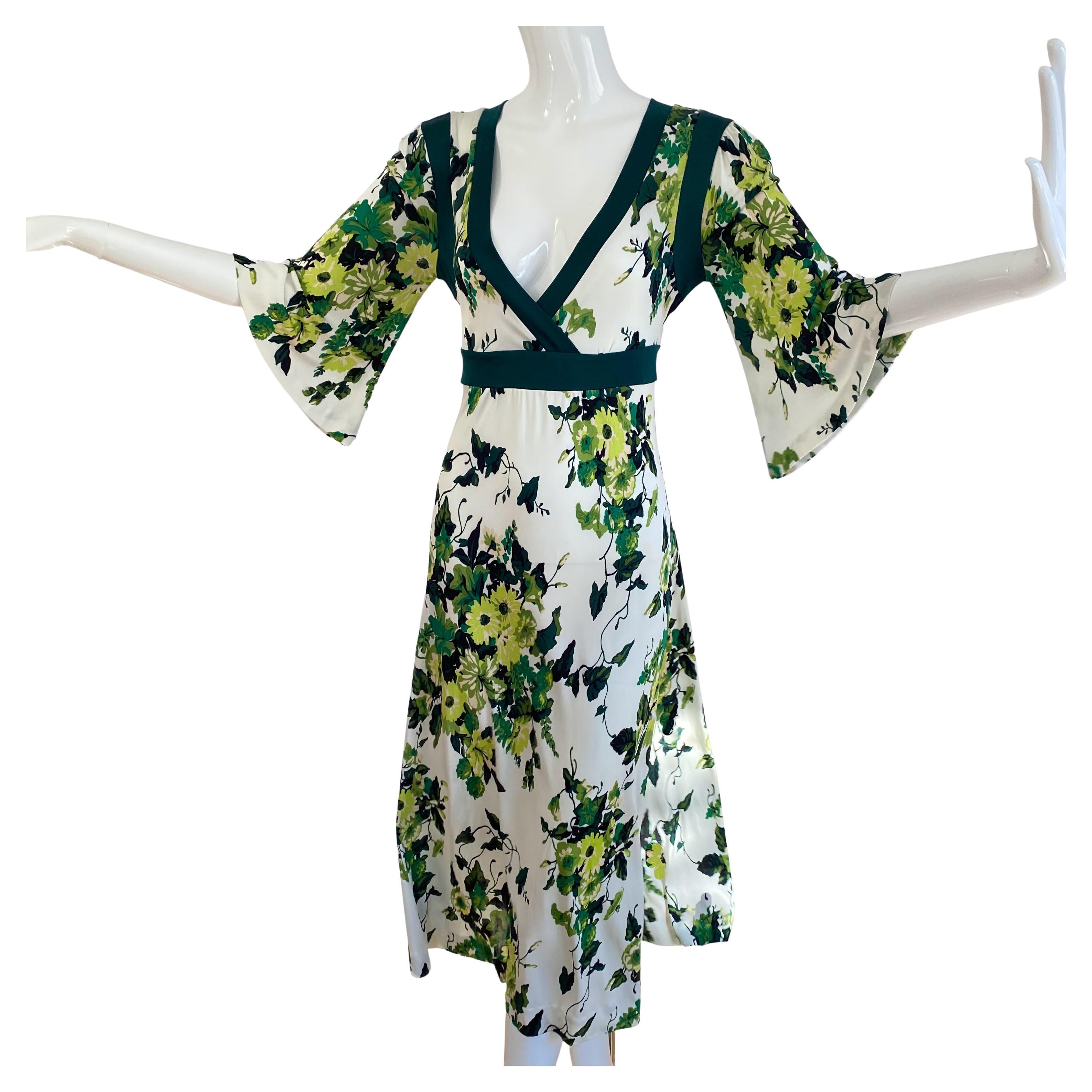 Flora Kung Green Ivy Print Silk Jersey Flare Dress - NWT For Sale