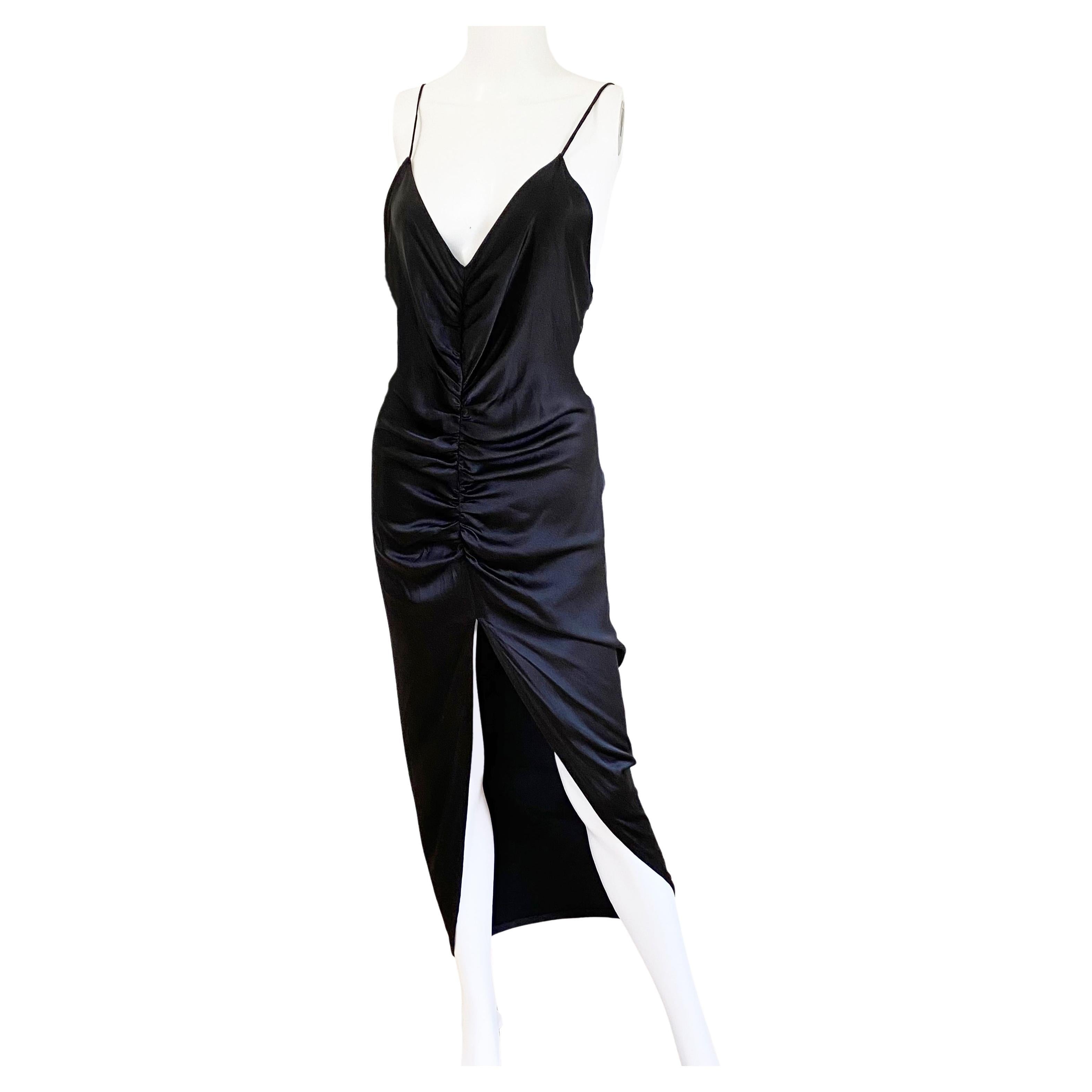 FLORA KUNG Luxe black silk satin charmeuse rushed slip dress For Sale