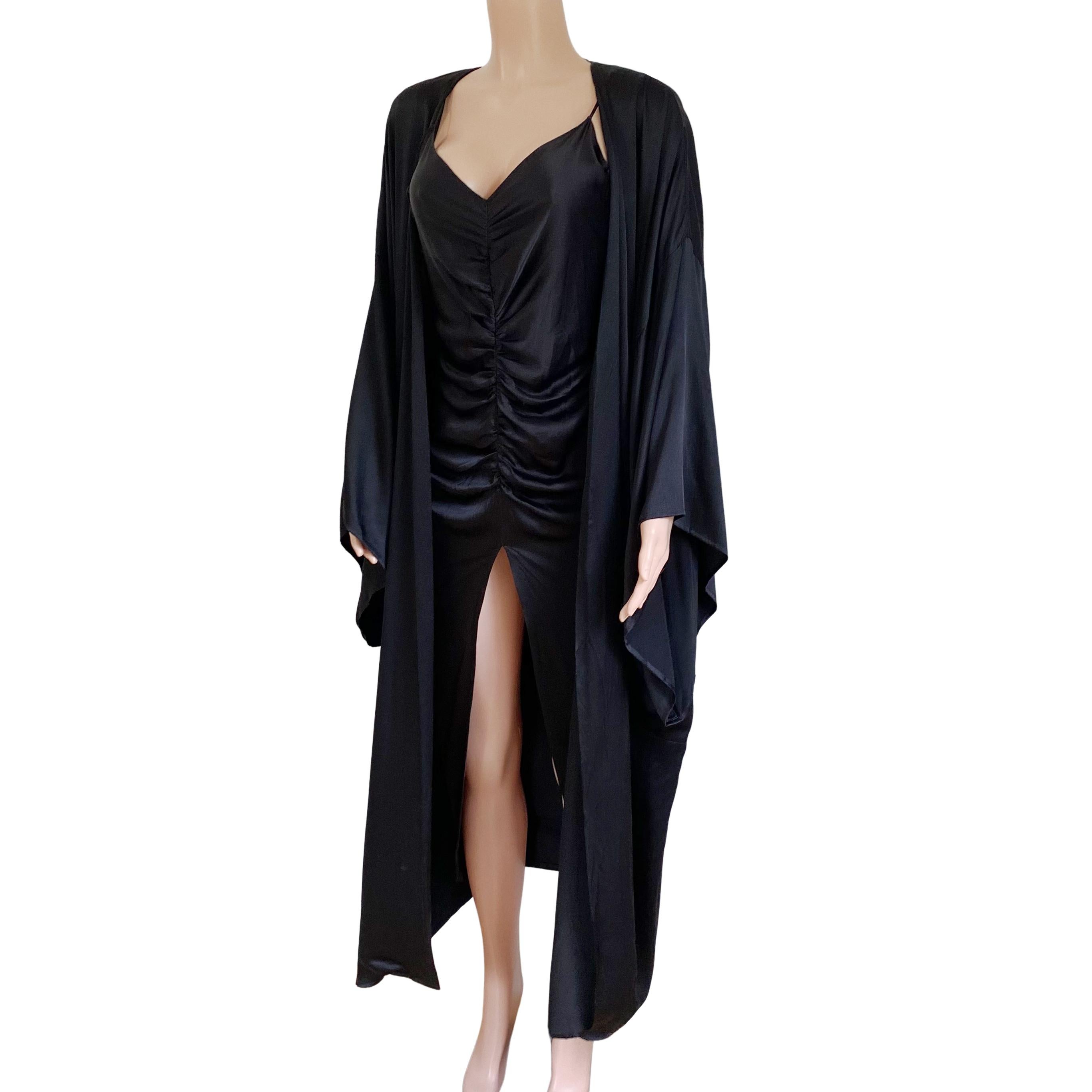 FLORA KUNG Luxe black silk satin charmeuse rushed slip dress In New Condition For Sale In Boston, MA