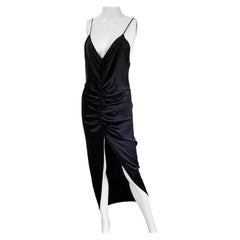 FLORA KUNG Luxe black silk satin charmeuse rushed slip dress