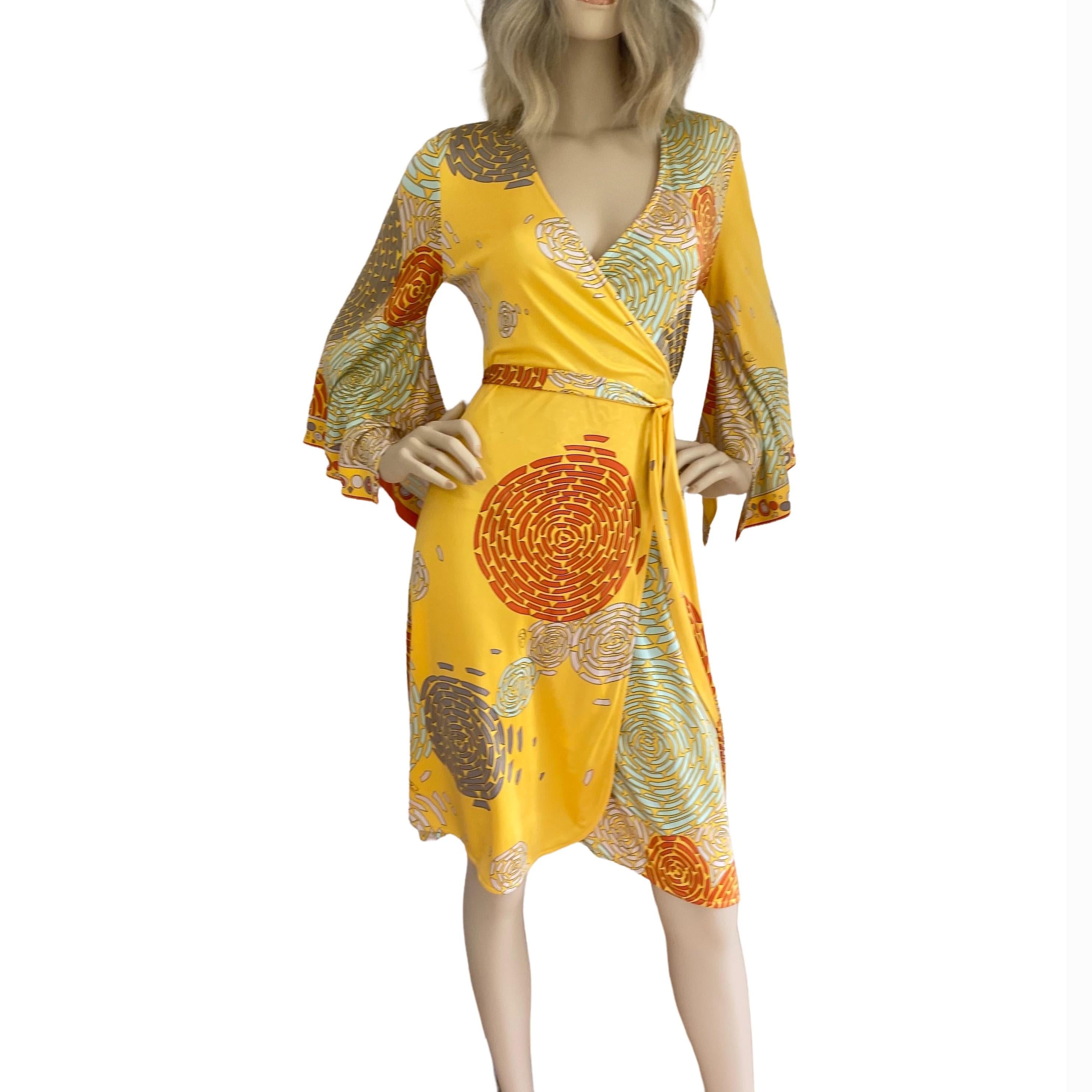 Women's Flora Kung Mimosa Yellow Twin print Silk Wrap Dress - NWT For Sale