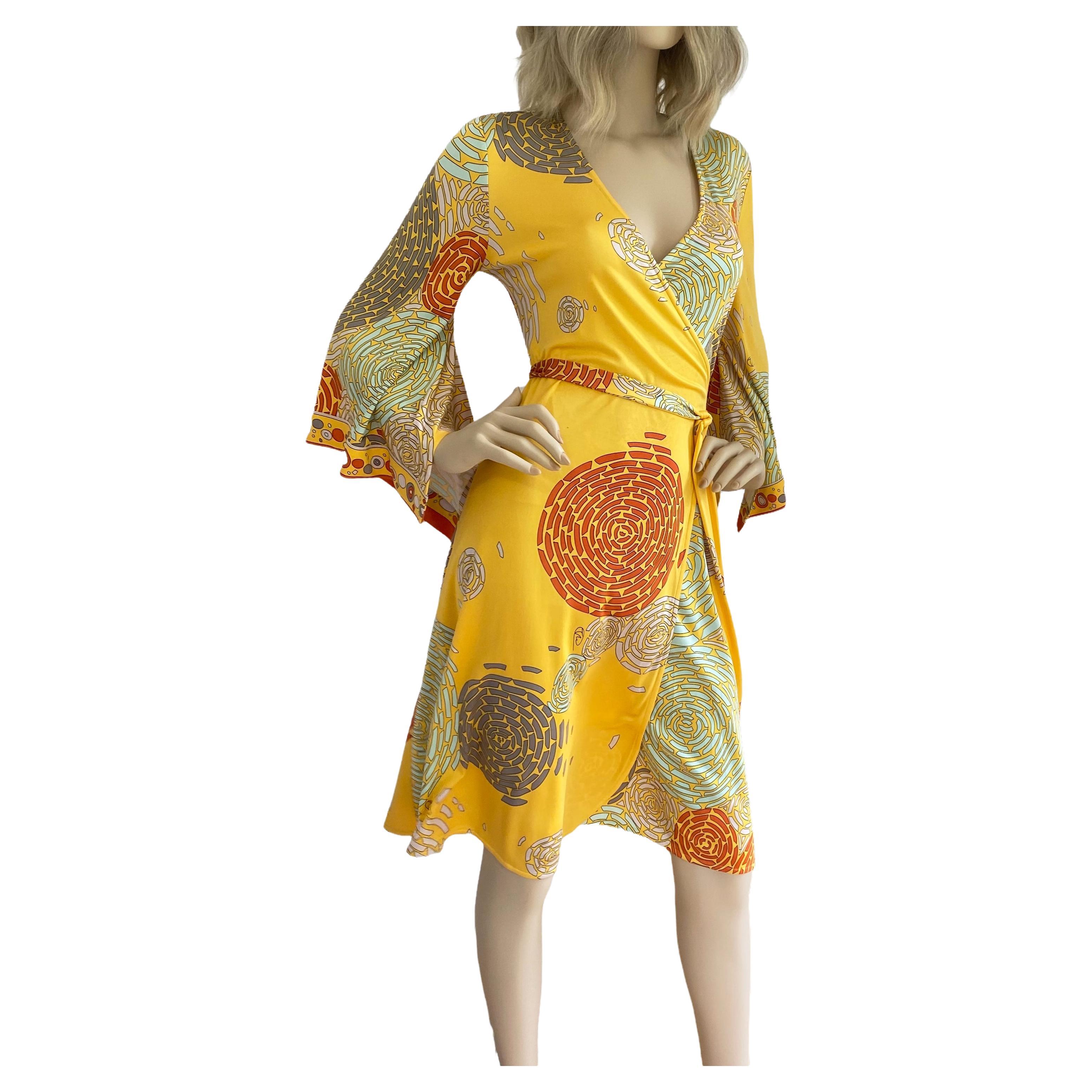 Flora Kung Mimosa Yellow Twin print Silk Wrap Dress - NWT