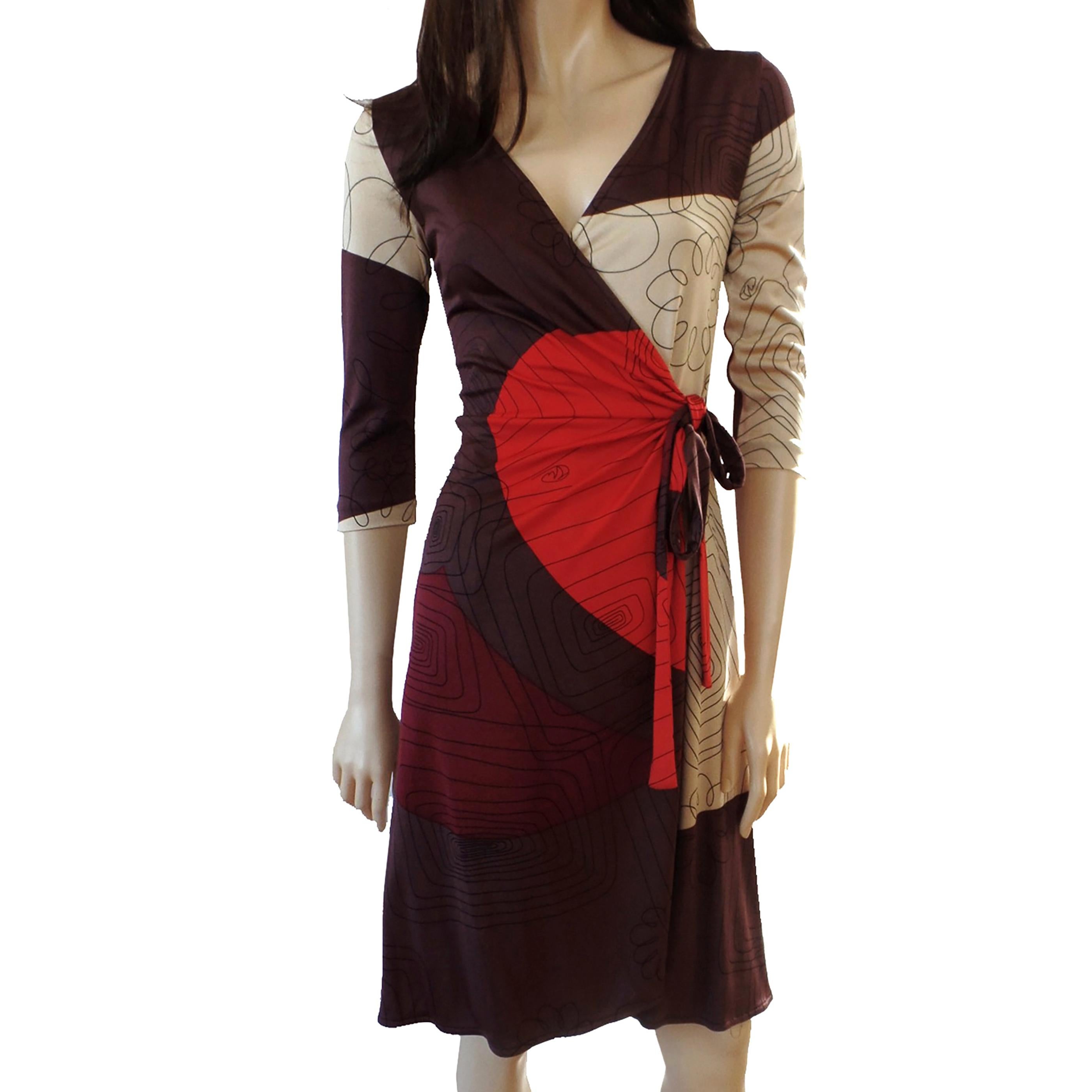 Brown Flora Kung Mocha Red Scribble Print Silk Wrap Flare Dress NWT For Sale