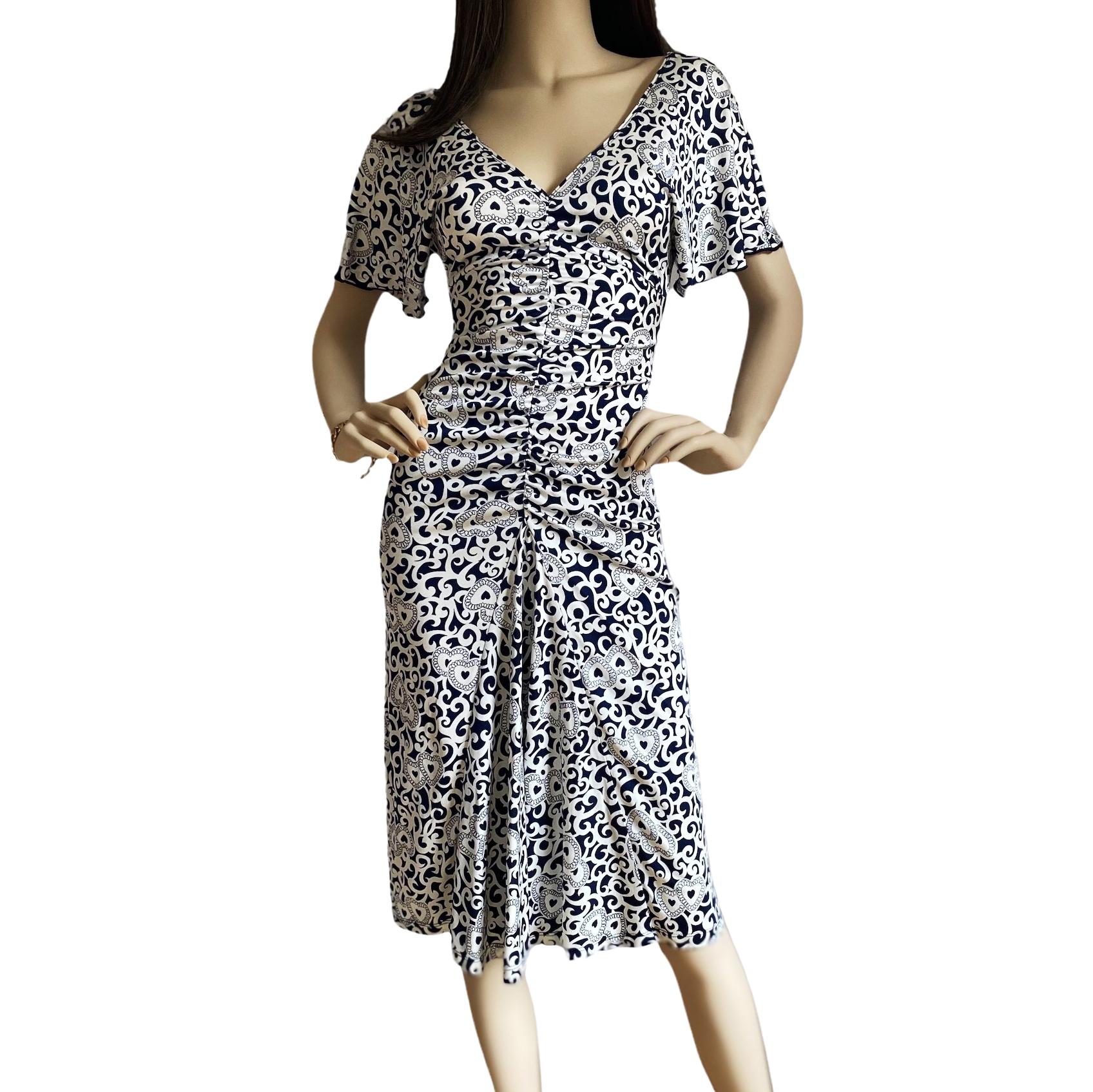 FLORA KUNG navy ecru hearts double plunge V silk dress NWT In New Condition For Sale In Boston, MA
