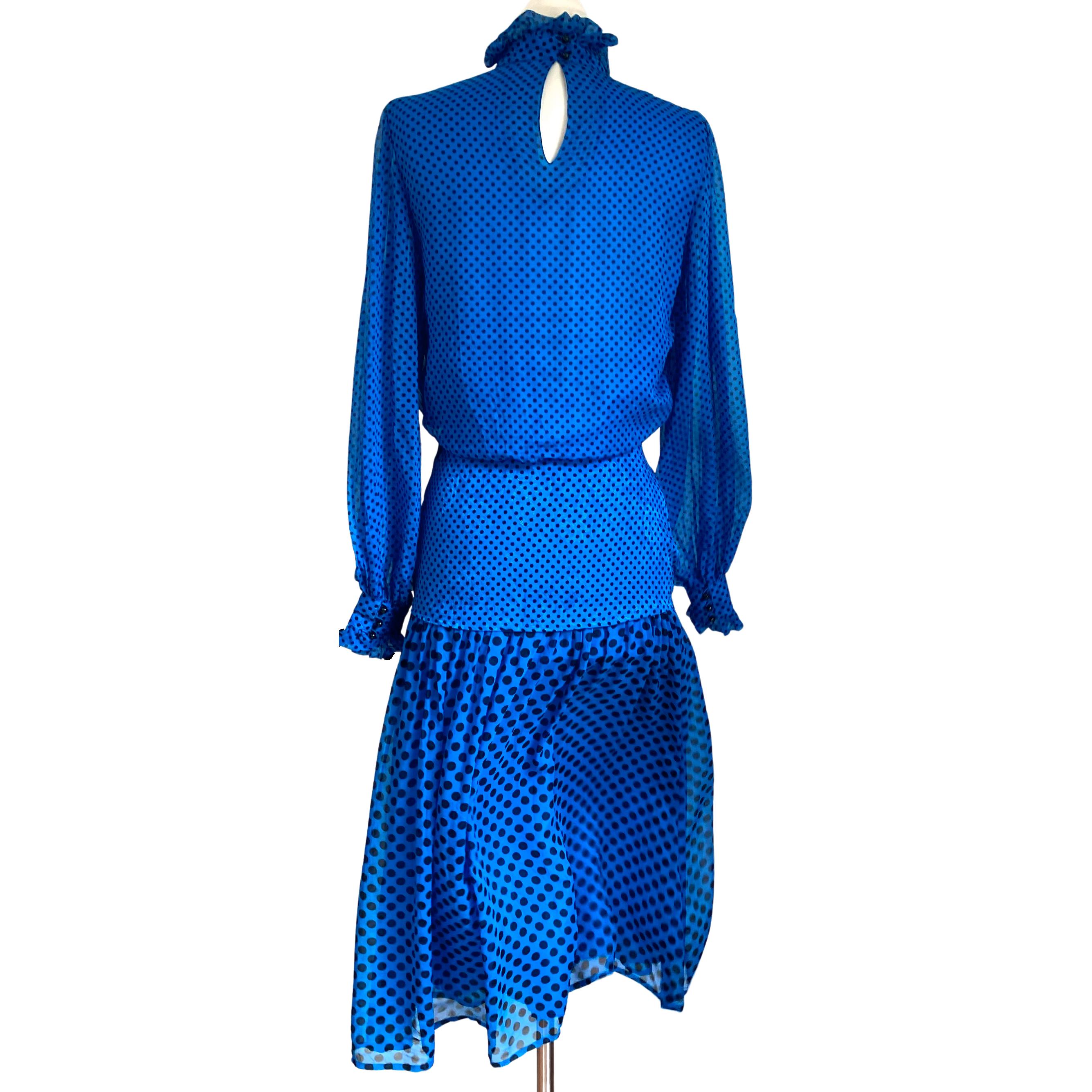 FLORA KUNG Noe Kobaltfarbenes Pindot-Seidenkleid in Teelänge, neu mit Etikett Damen im Angebot