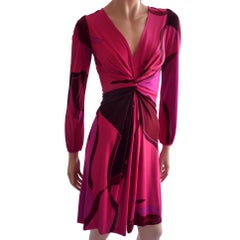 Flora Kung Deep Pink Plunge-V Silk Jersey Twist Print Dress NWT