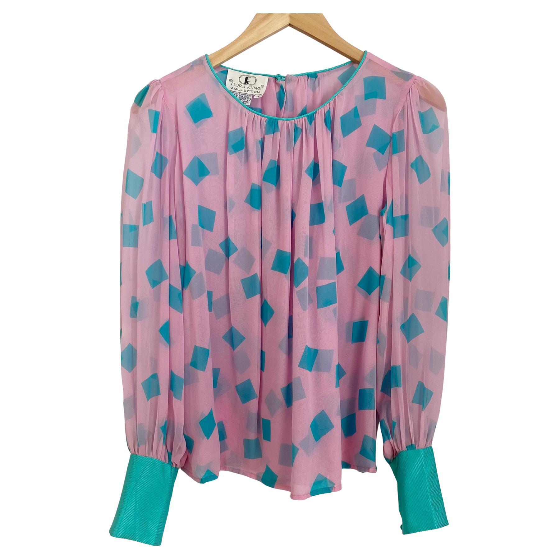 Flora Kung NWT Mint Cubes on Pink Silk Georgette Blouse For Sale