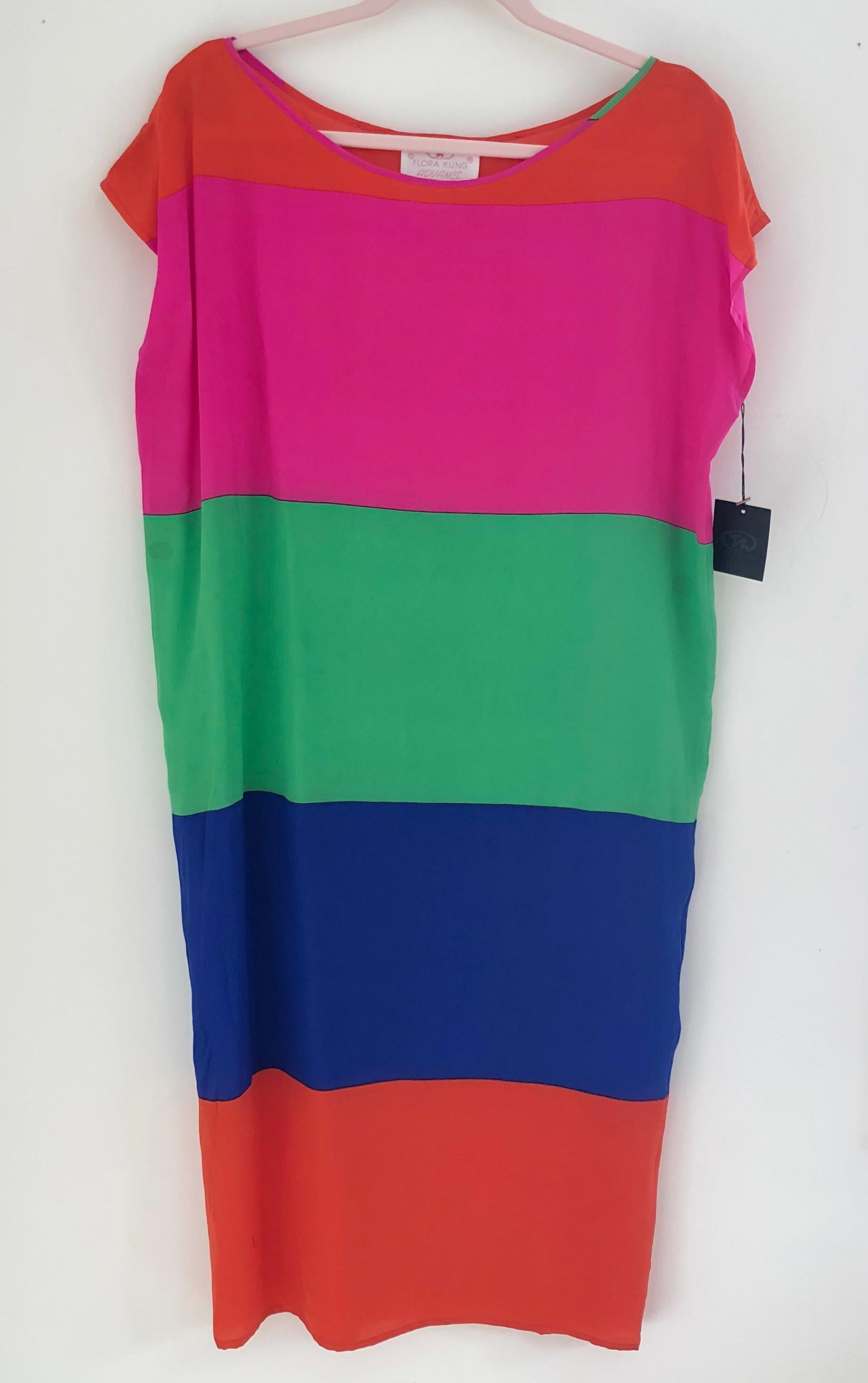 Red Bold neon color block silk crepe statement Tee Dress Flora Kung NWT