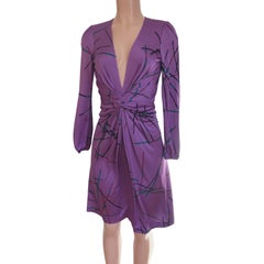 Flora Kung Purple Mikado Print Silk Jersey Twist Front Deep V Dress - new size 4