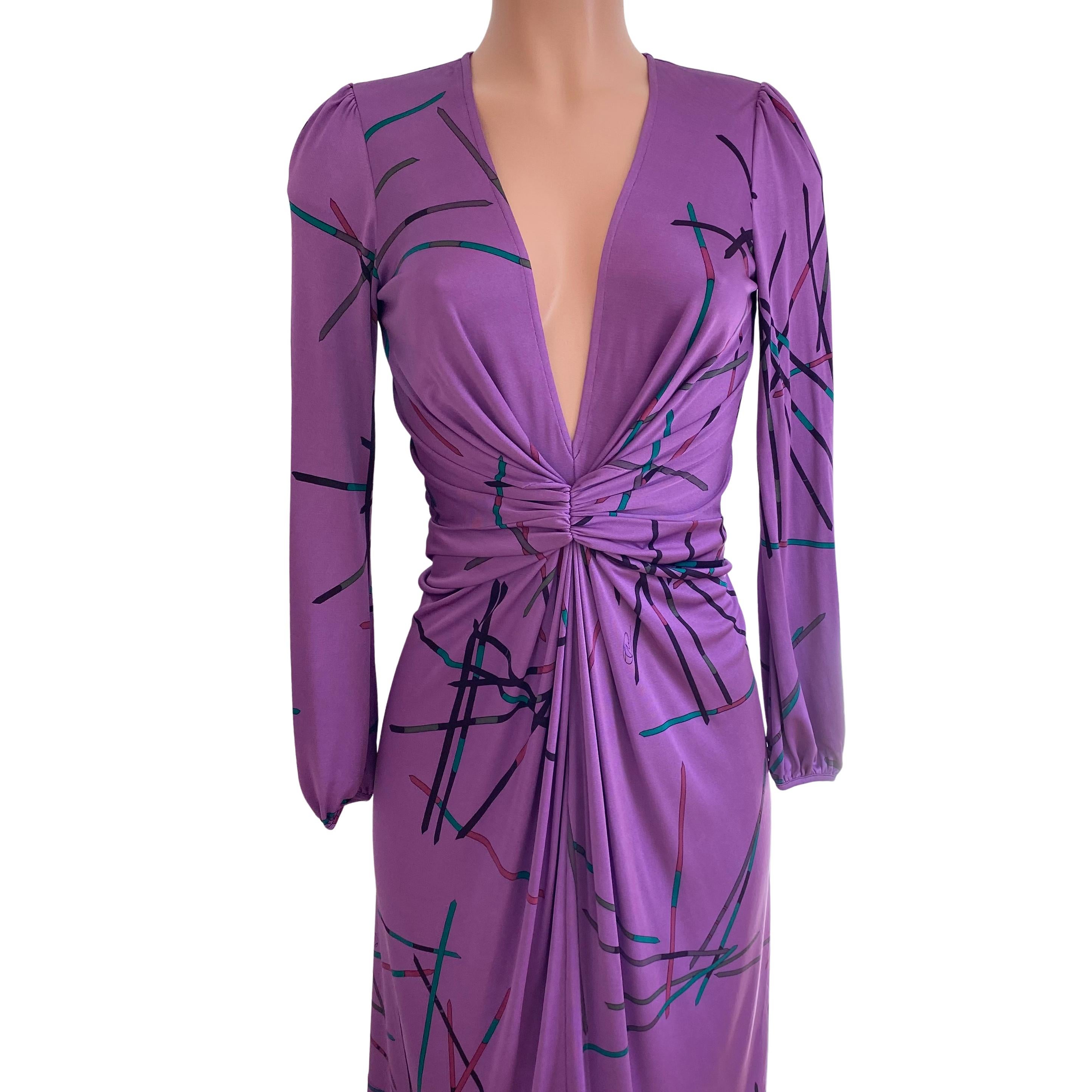 Gray Flora Kung Purple Mikado Print Silk Jersey Twist Front Deep V Dress - new size 4 For Sale