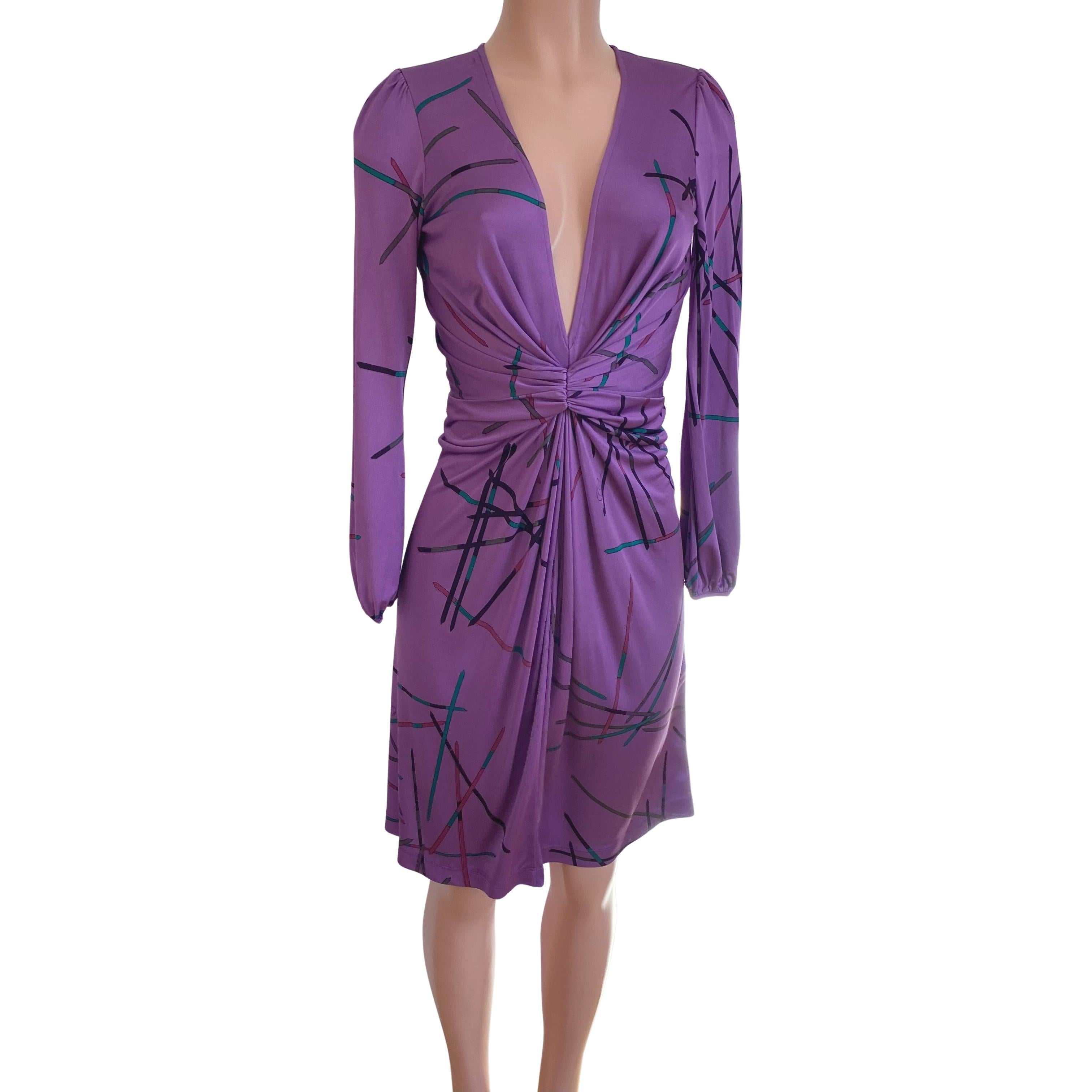 Flora Kung Purple Mikado Print Silk Jersey Twist Front Deep V Dress - new size 4 In New Condition For Sale In Boston, MA