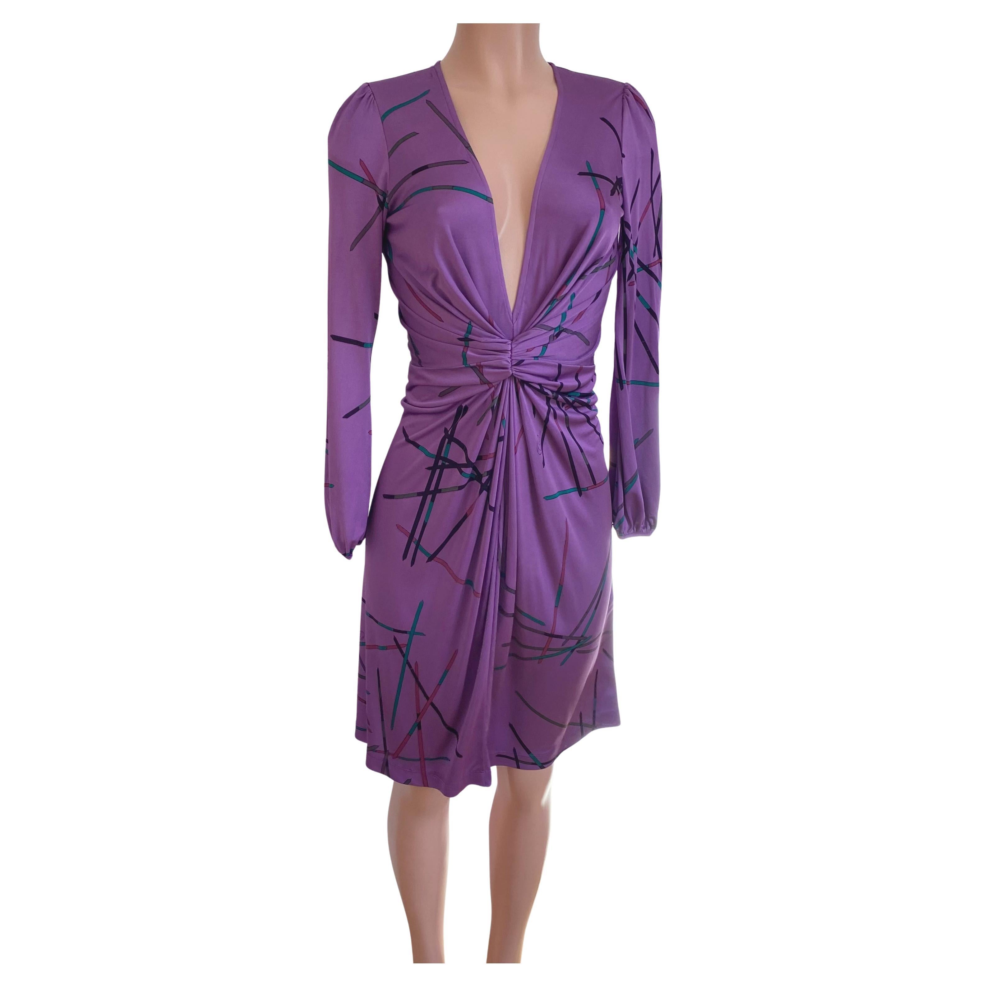 Flora Kung Purple Mikado Print Silk Jersey Twist Front Deep V Dress - new size 4 For Sale