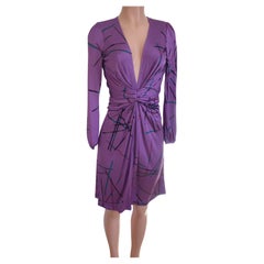 Flora Kung Purple Mikado Print Silk Jersey Twist Front Deep V Dress - new size 4
