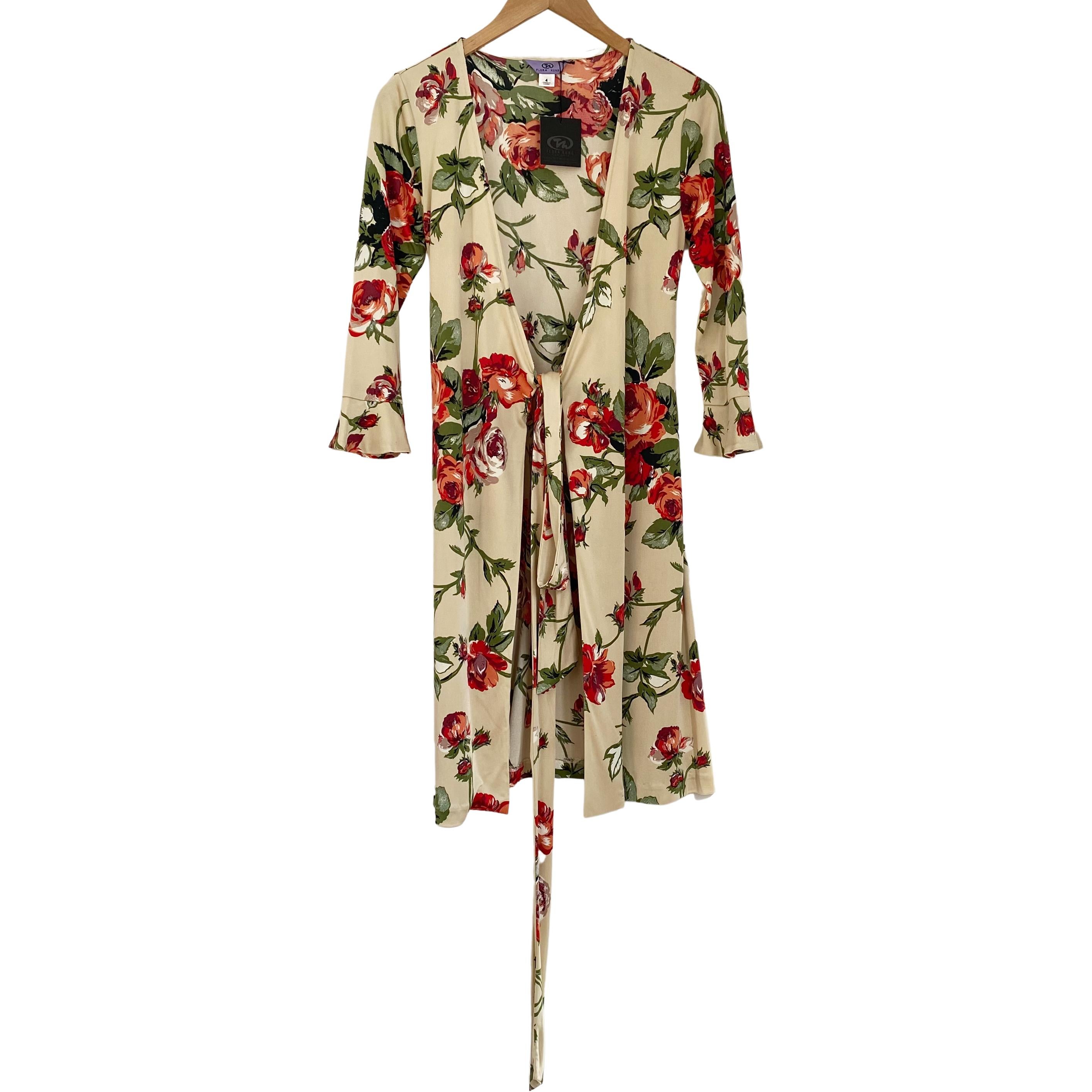 Beige Flora Kung NWT Wheat color Climbing Rose Print Wrap Silk Dress For Sale