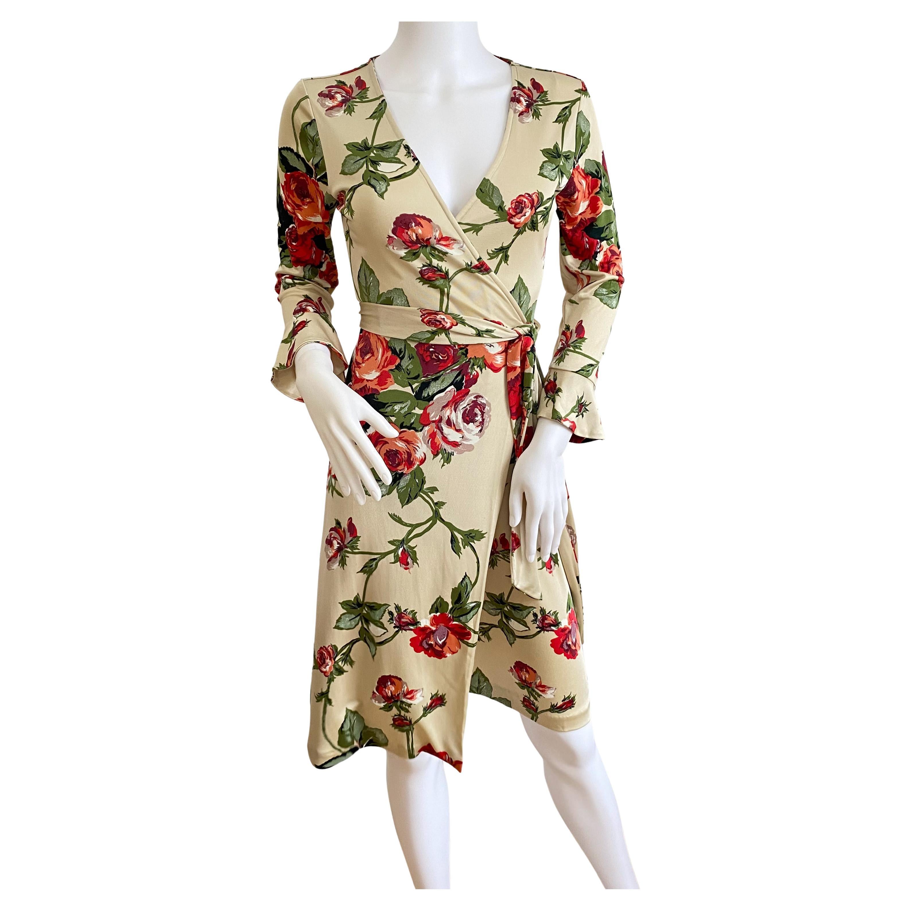Flora Kung NWT Wheat color Climbing Rose Print Wrap Silk Dress For Sale