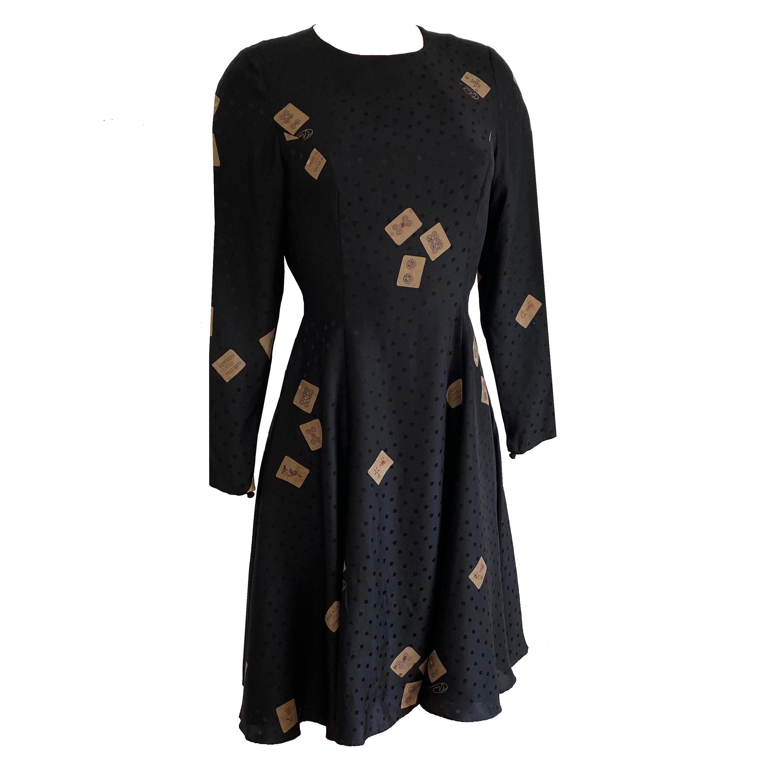 Women's Flora Kung Black Silk Prosperity Luck Mahjong Tile Print Dress - Rare NWT For Sale