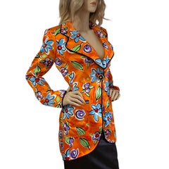 FLORA KUNG made in France Tangerine Silk Duchess Satin Floral Blazer NWT