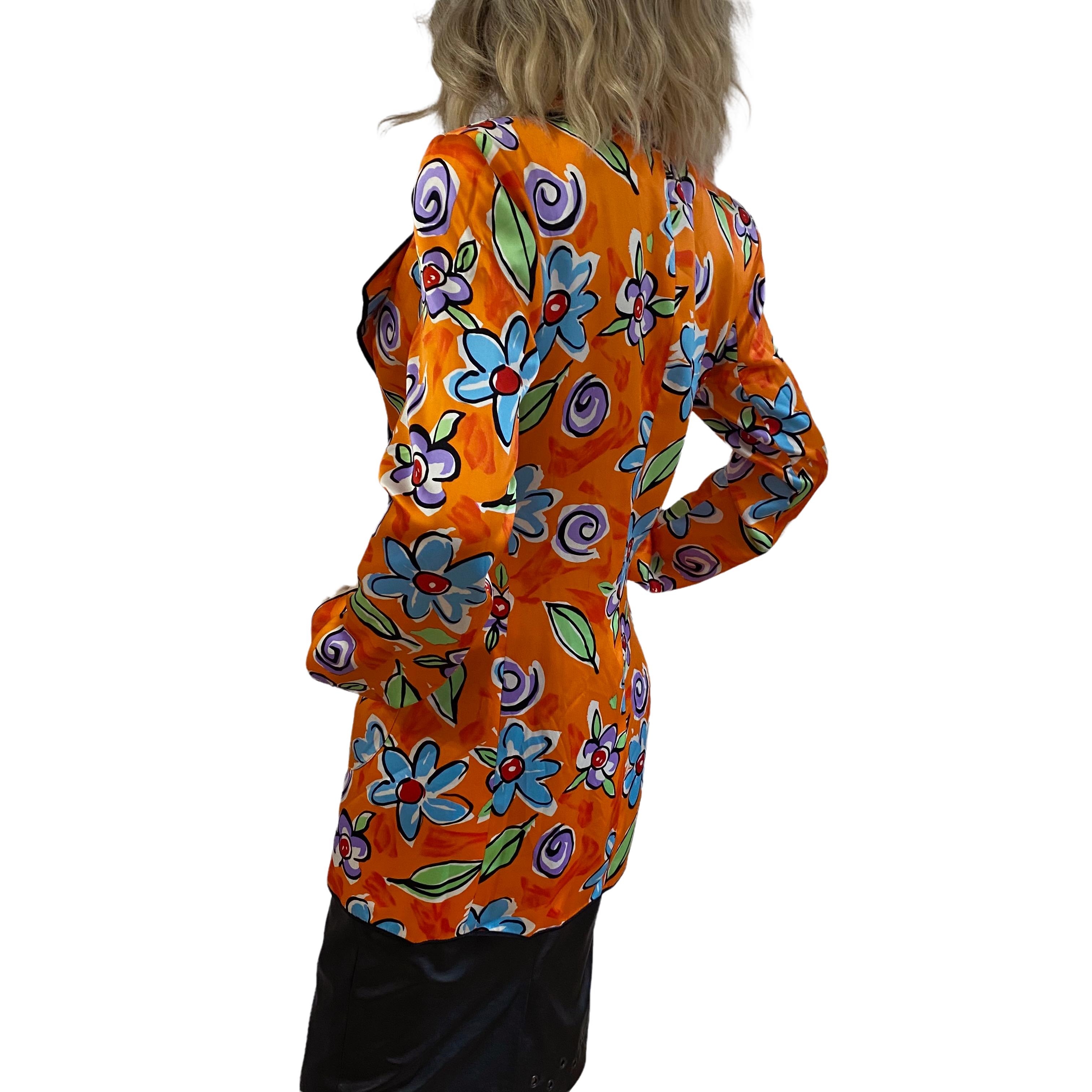 Brown FLORA KUNG made in France Tangerine Silk Duchess Satin Floral Blazer NWT For Sale