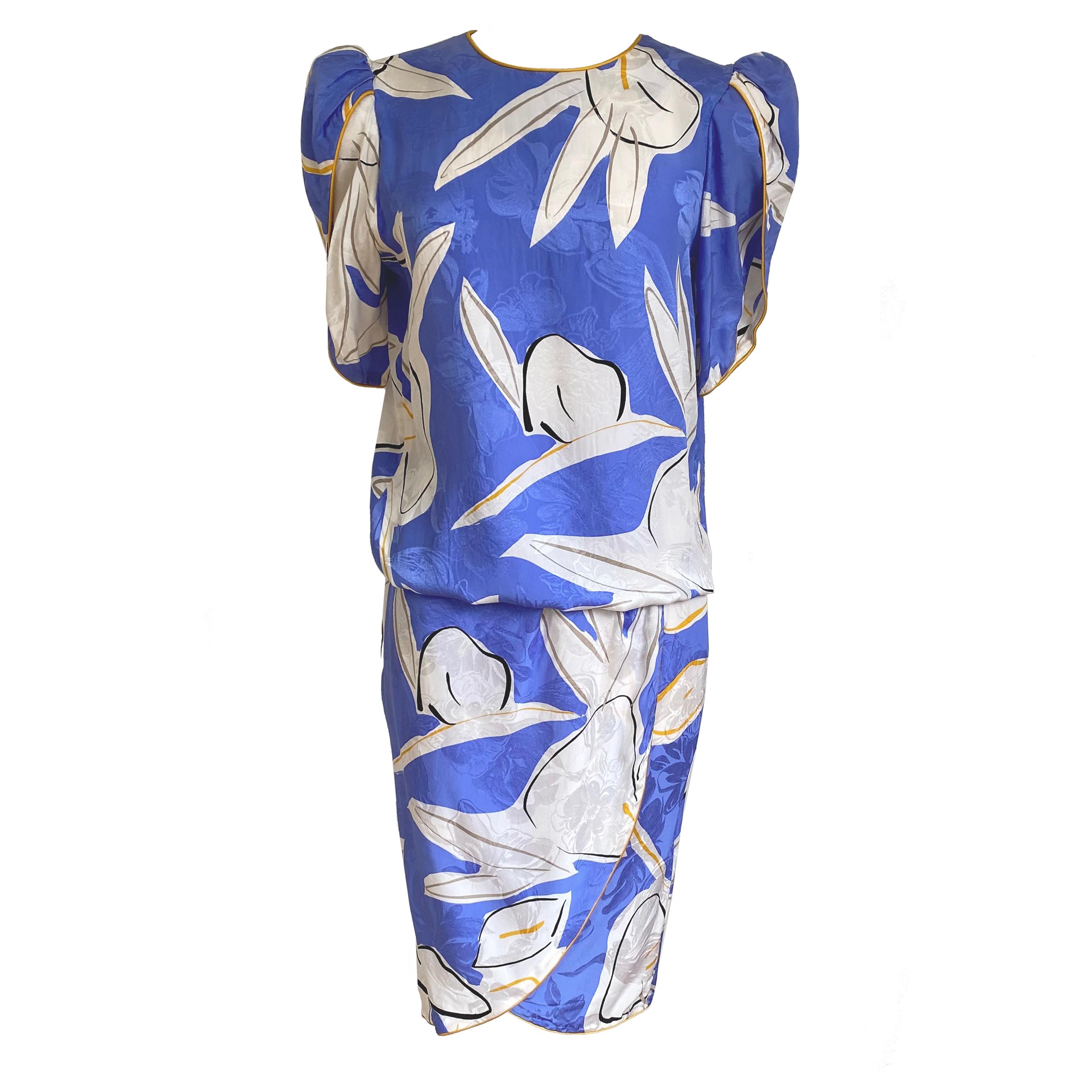 Purple Flora Kung Printed Silk Tulip Top + Wrap Skirt - with tag For Sale