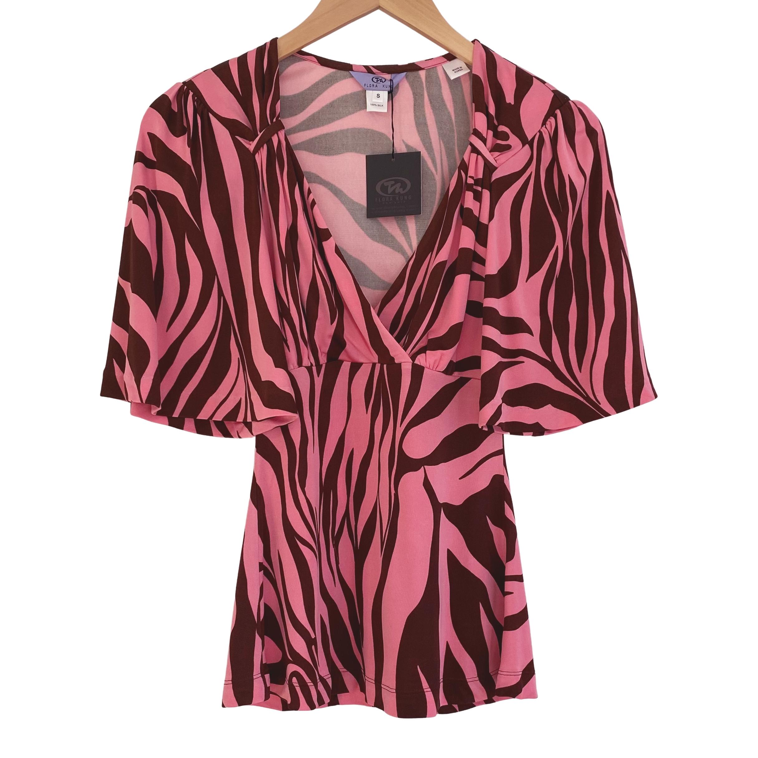 Women's Flora Kung Pink Brown Mock Wrap blouse Top NWT For Sale