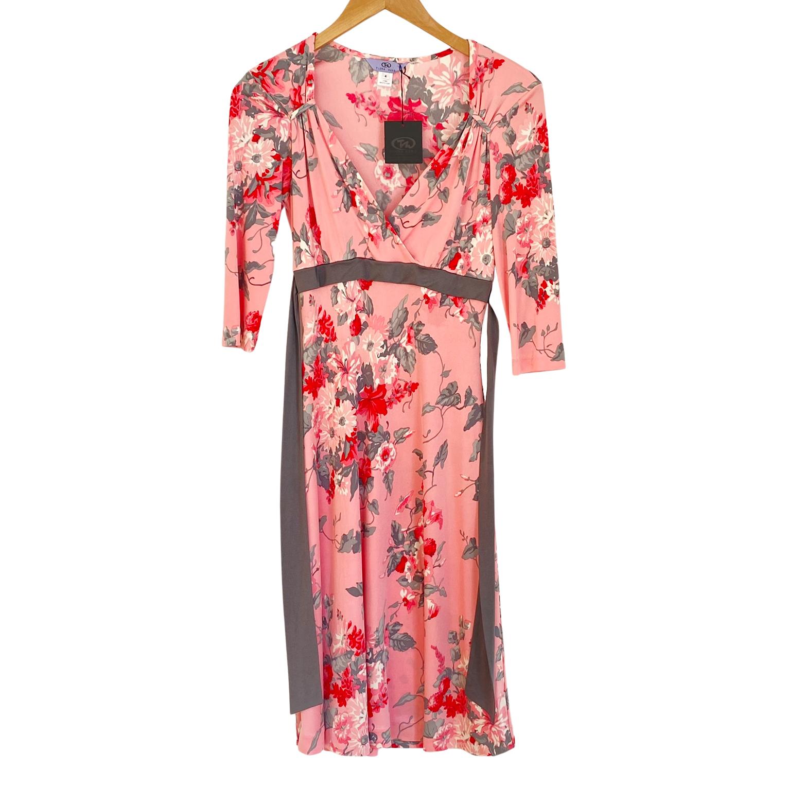 Flora Kung Pink Gray Floral Bouquet Silk Dress - NWT In New Condition For Sale In Boston, MA