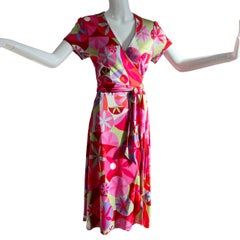 FLORA KUNG Pink Green Lily Pad Print Silk Jersey Wrap Midi Dress - NWT