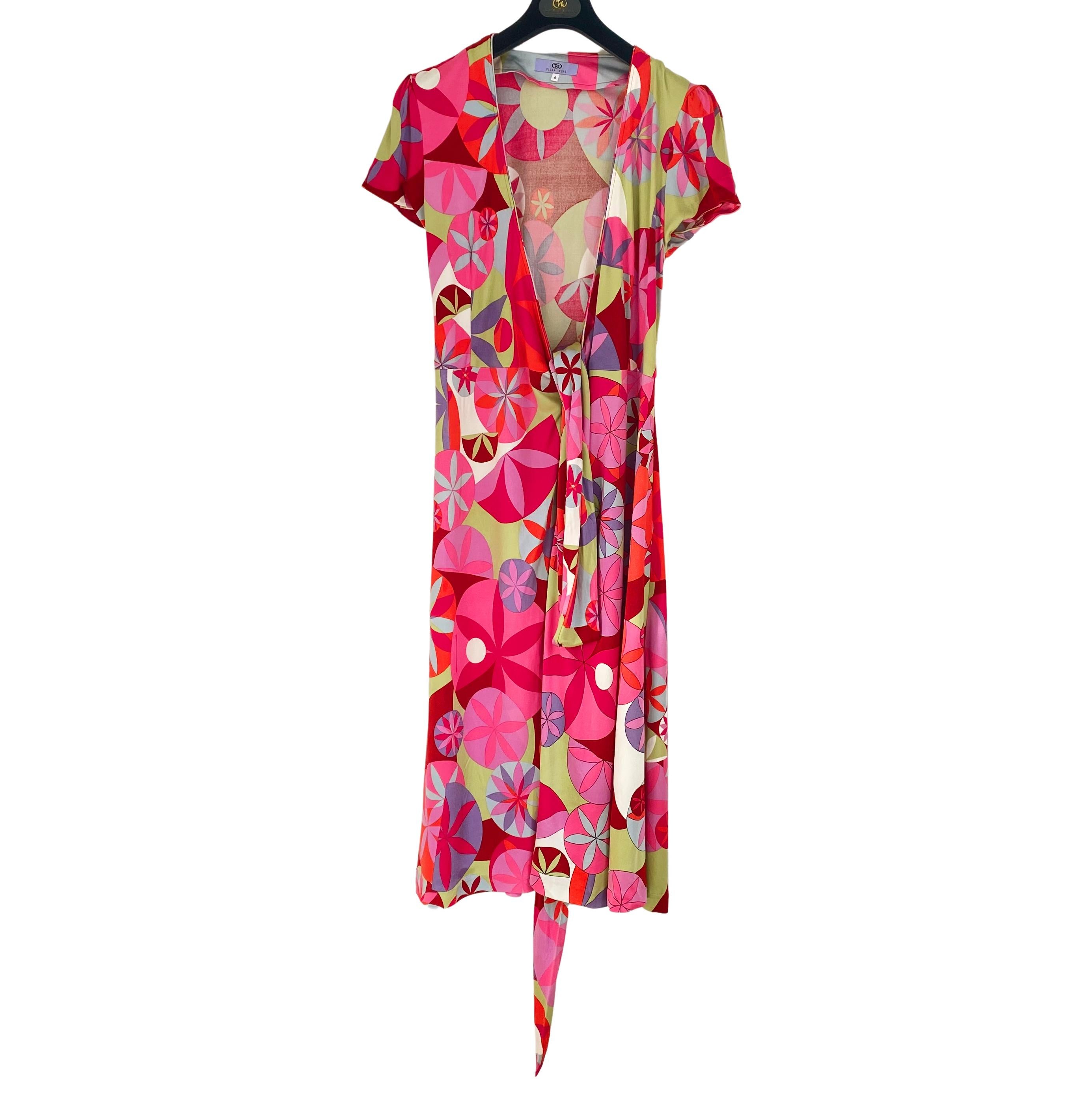 FLORA KUNG Pink Green Lily Pad Print Silk Jersey Wrap Midi Dress - NWT In New Condition For Sale In Boston, MA