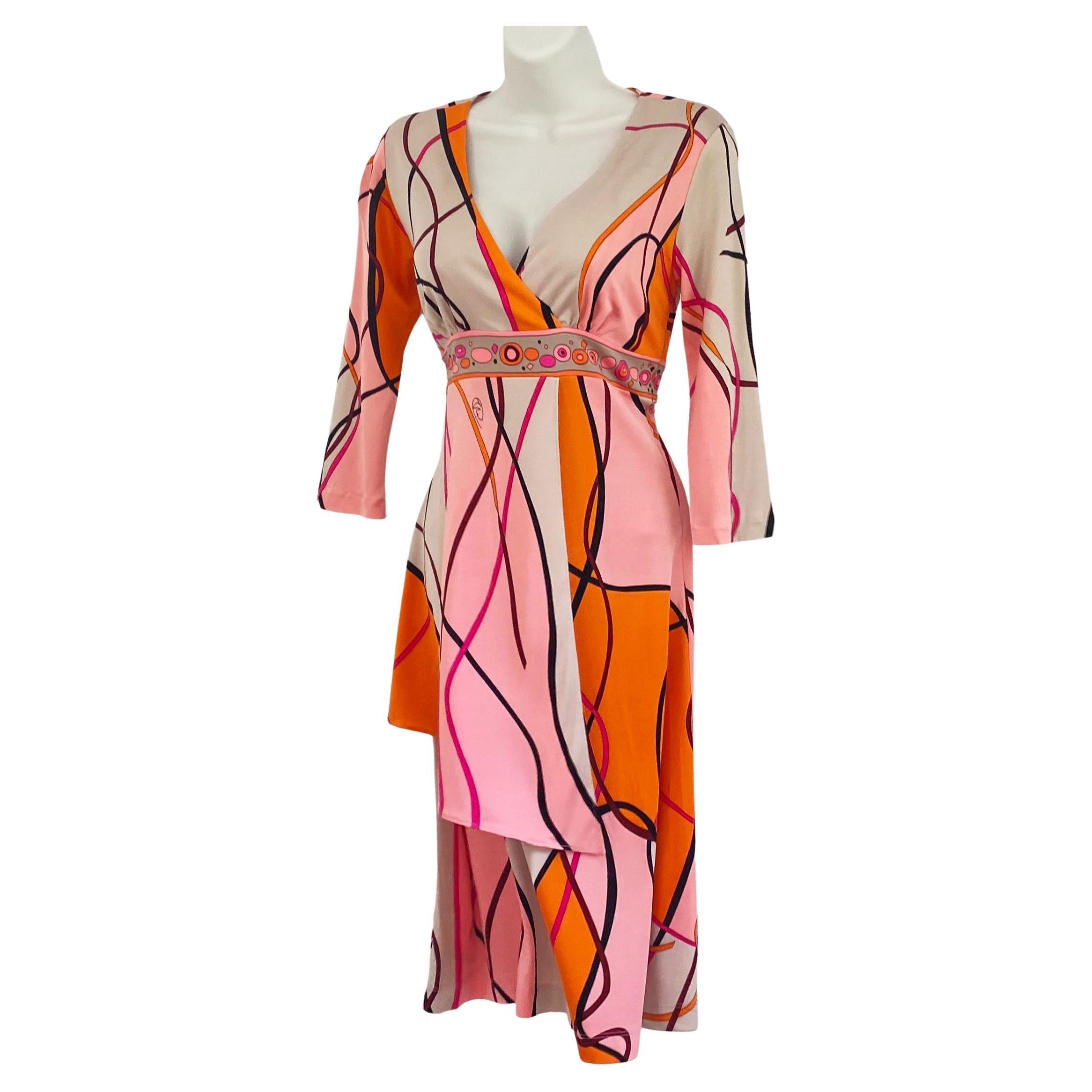 Flora Kung Pink Orange Ribbon Print Mock Wrap Deep-V Silk Dress NWT  For Sale