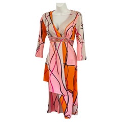 Flora Kung Pink Orange Ribbon Print Mock Wrap Deep-V Silk Dress NWT 