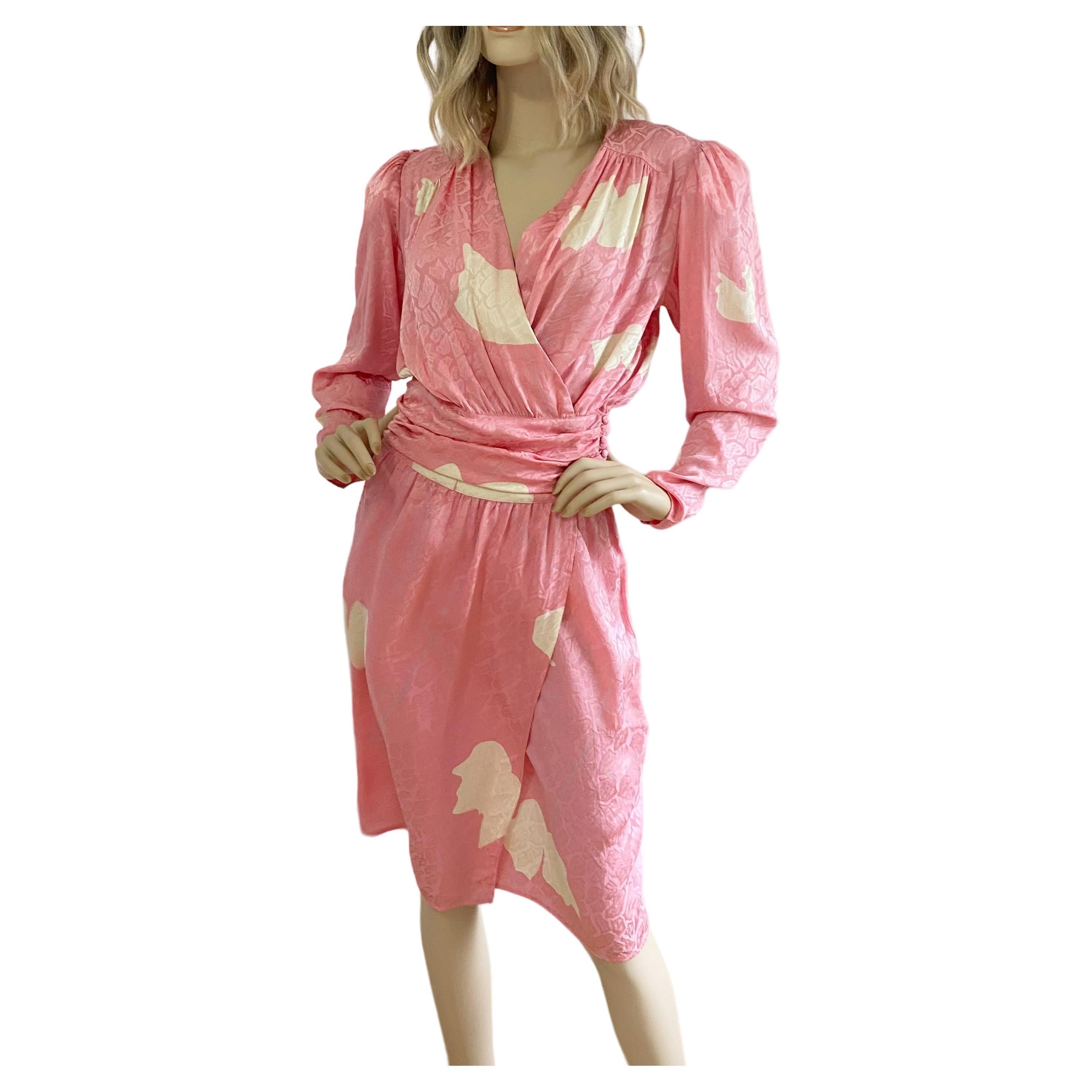 Flora Kung Pink Silk Jacquard Print Wrap Dress NWT Vintage For Sale