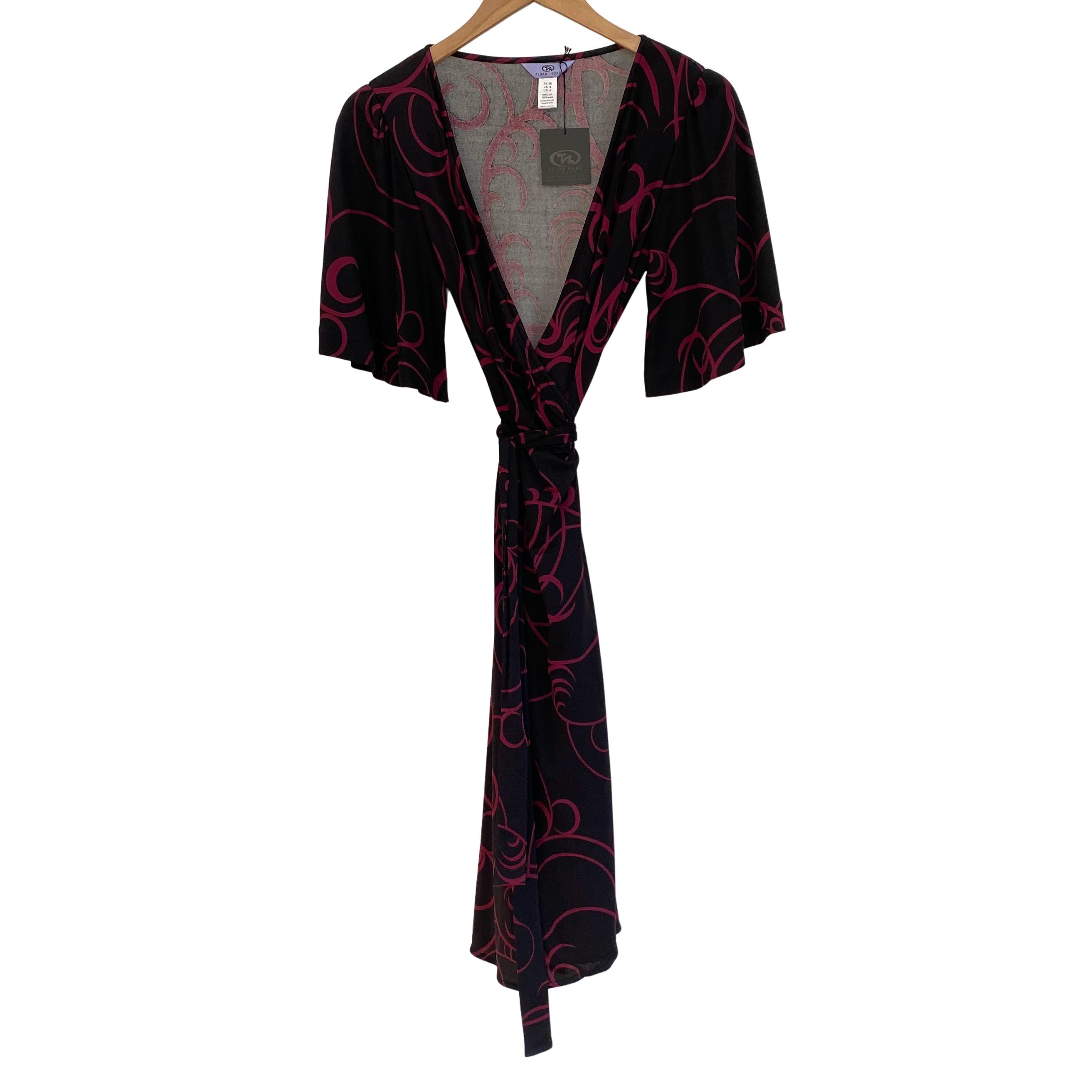 FLORA KUNG Blackberry Ribbon Print Silk Jersey Wrap Dress - NWT In New Condition For Sale In Boston, MA