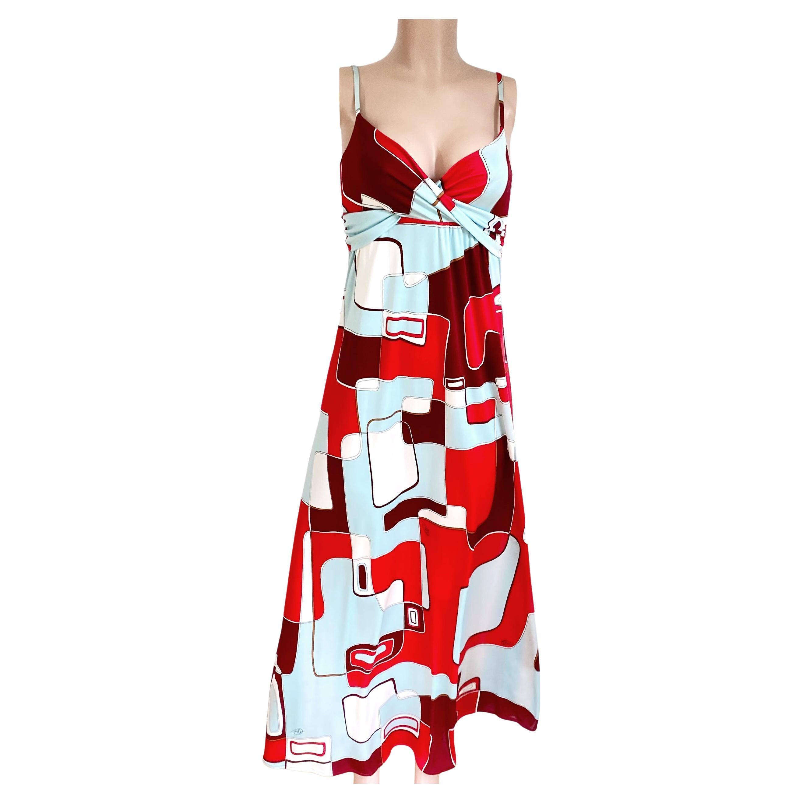Flora Kung Red Mint Art Print Boho Maxi Silk Cami Dress  For Sale