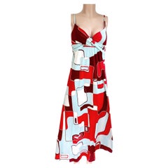 Flora Kung Red Mint Art Print Boho Maxi Silk Cami Dress 