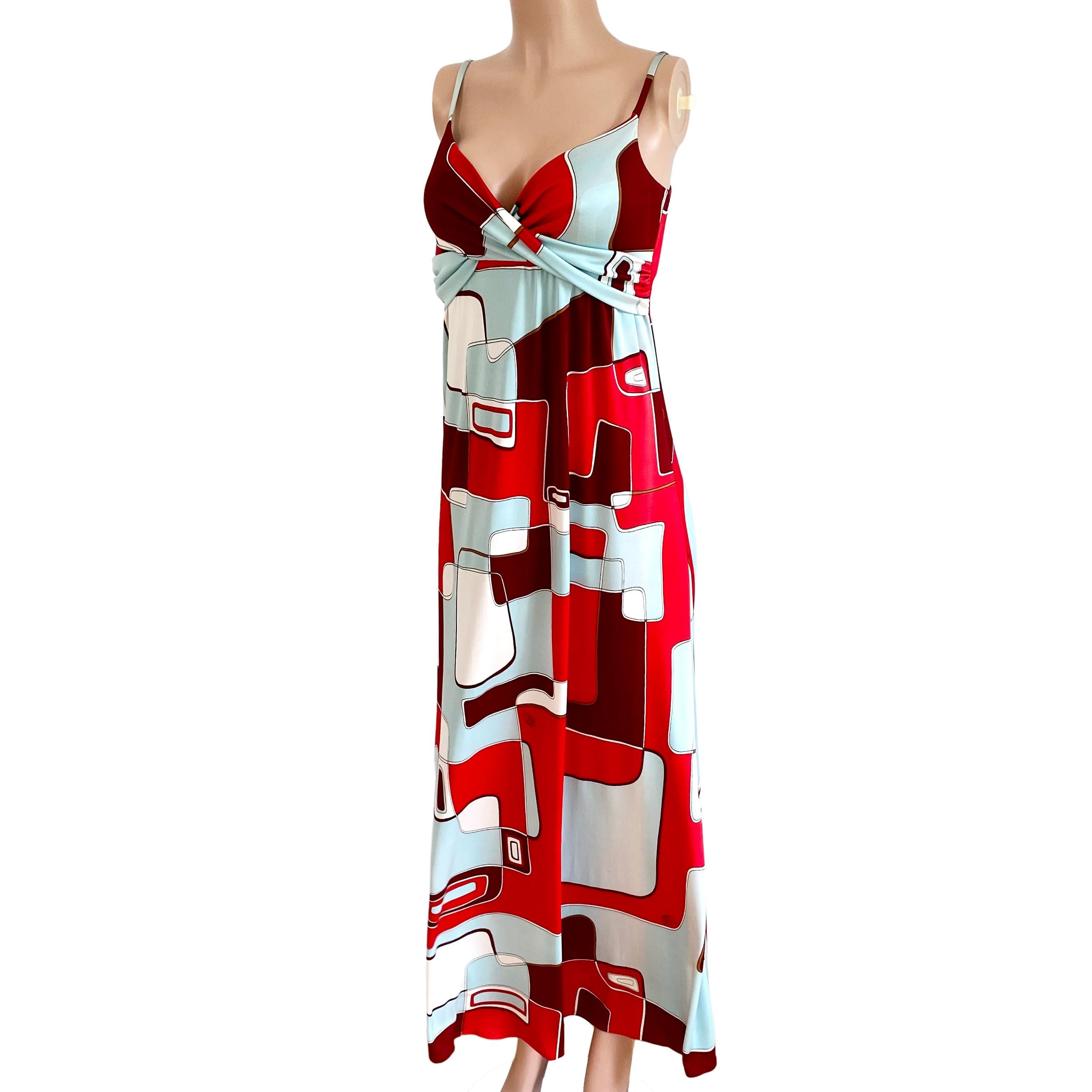 Easy Breezy beautiful maxi dress in luxurious silk jersey.
Abstract red aqua print silk jersey boho maxi dress
Original freehand signed print from Flora Kung.
Adjustable straps for a perfect fit.
Approximately 60