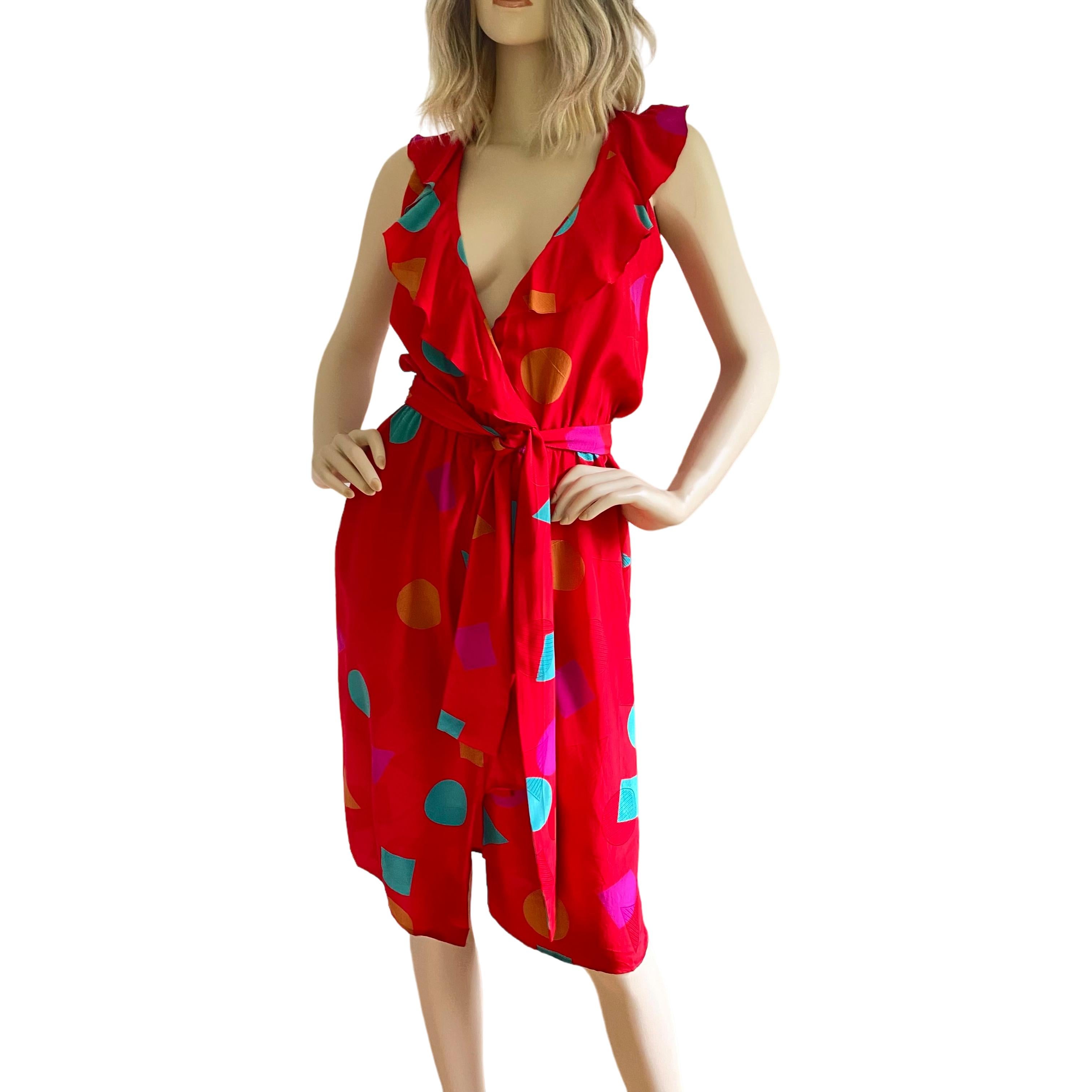 Flora Kung Red Silk Print Wrap Dress - NWT  In New Condition For Sale In Boston, MA