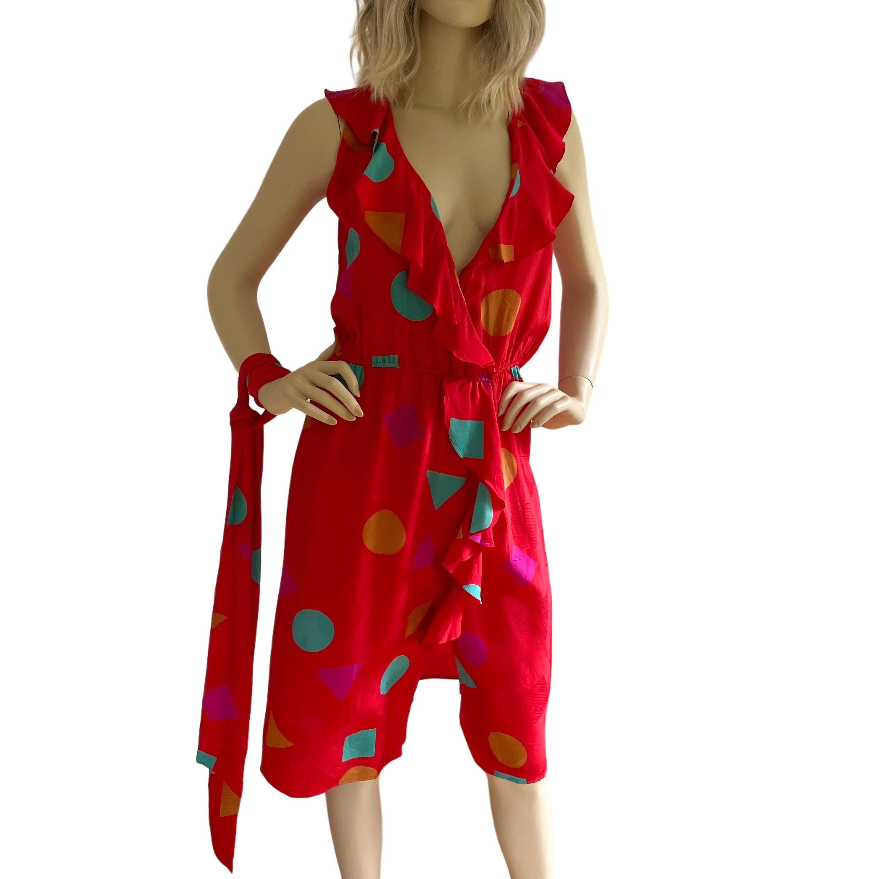 Women's Flora Kung Red Silk Print Wrap Dress - NWT  For Sale