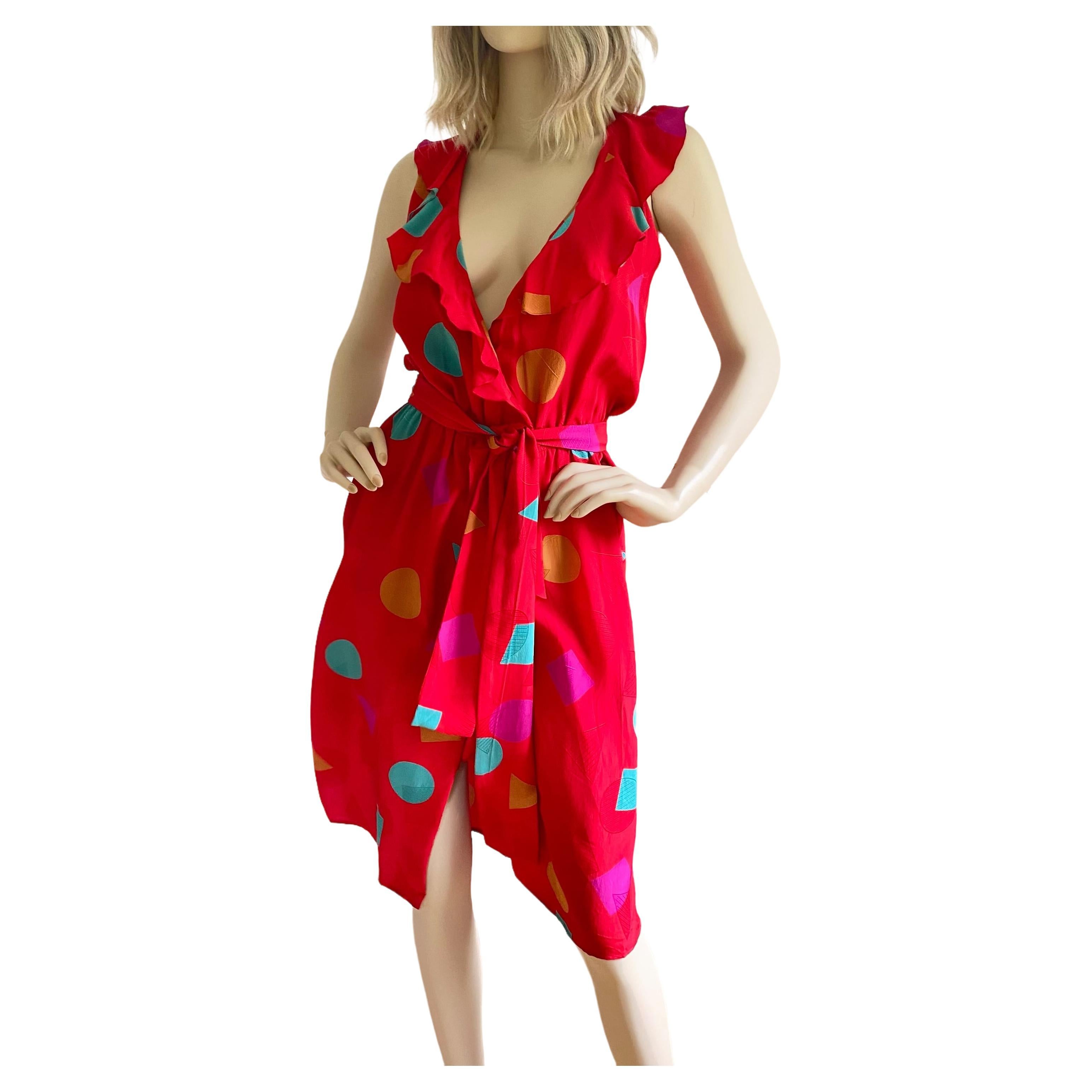 Flora Kung Red Silk Print Wrap Dress - NWT  For Sale 3
